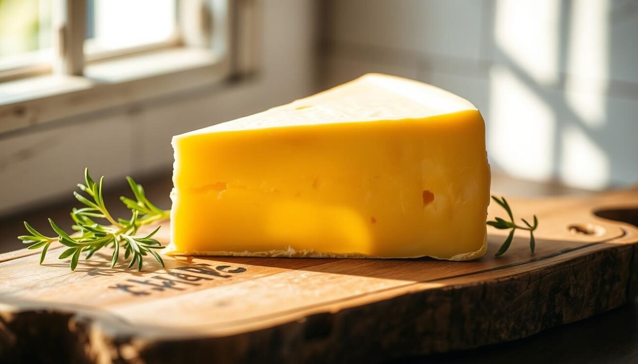 A perfectly portioned wedge of creamy, golden-hued cheese sits atop a rustic wooden board, casting a soft, warm glow under the gentle illumination of natural light filtering through a window. The cheese's smooth, supple rind invites a tantalizing glimpse of the rich, velvety interior, promising a delightful flavor and texture. Surrounding the cheese are a few sprigs of fresh herbs, their vibrant green hues adding a touch of contrast and a hint of complementary flavors. The scene captures the essence of a harmonious, artisanal presentation, reflecting the care and attention given to the ideal portion of this beloved dairy delight. A perfectly portioned wedge of creamy, golden-hued cheese sits atop a rustic wooden board, casting a soft, warm glow under the gentle illumination of natural light filtering through a window. The cheese's smooth, supple rind invites a tantalizing glimpse of the rich, velvety interior, promising a delightful flavor and texture. Surrounding the cheese are a few sprigs of fresh herbs, their vibrant green hues adding a touch of contrast and a hint of complementary flavors. The scene captures the essence of a harmonious, artisanal presentation, reflecting the care and attention given to the ideal portion of this beloved dairy delight.