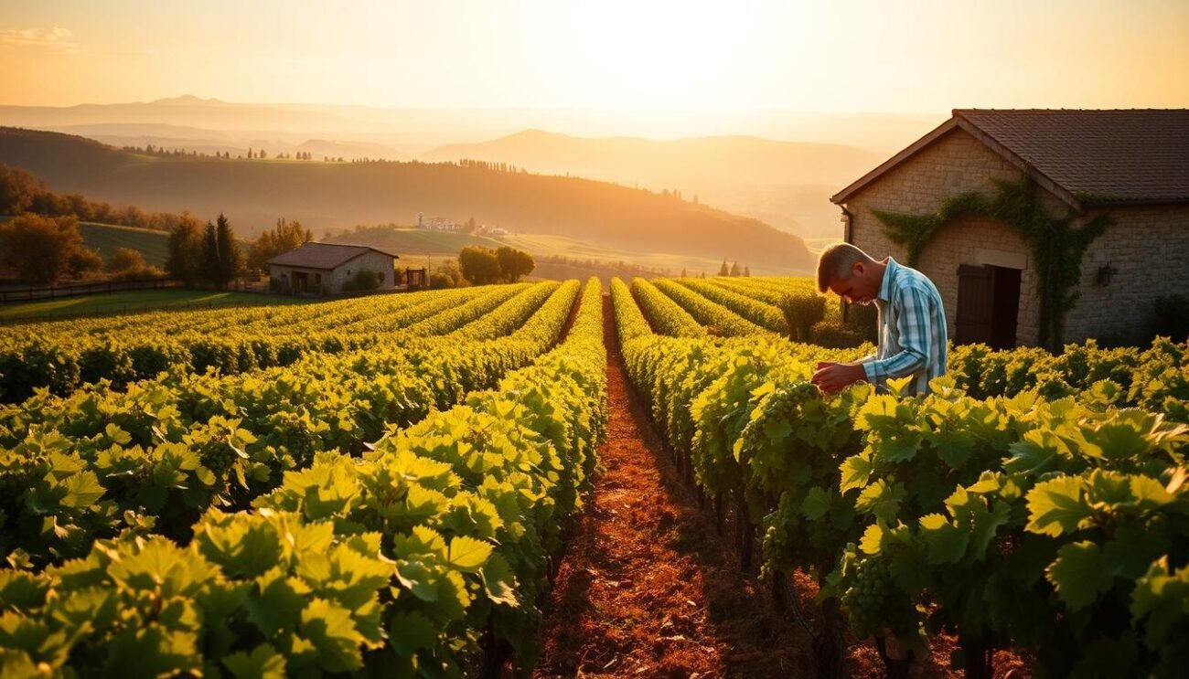 A picturesque Italian vineyard, with rows of lush green vines stretching out under a warm, golden sun. In the foreground, a winemaker carefully tends to the grapes, inspecting each cluster with a practiced eye. The middle ground reveals the winery, a charming stone building adorned with trailing vines. In the background, rolling hills and a distant, hazy horizon create a sense of tranquility. The scene is illuminated by soft, diffused light, casting gentle shadows and highlighting the rich, earthy tones of the landscape. This image captures the essence of the Prosecco production process, from the meticulous care of the vineyards to the final, elegant bottling.