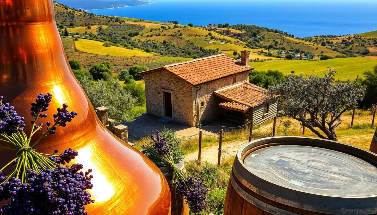 A picturesque Sardinian countryside, rolling hills dotted with centuries-old olive trees. In the foreground, a traditional copper still, its polished surface gleaming in the warm Mediterranean sunlight. Surrounding it, bundles of freshly harvested myrtle berries, their deep purple hues a vibrant contrast against the weathered wooden casks. The air is thick with the fragrant aroma of the distillation process, as the liquid gold of myrto liqueur slowly drips into a waiting bottle, capturing the essence of this ancient tradition. In the middle ground, a quaint stonework building, its rustic facade hinting at the care and craftsmanship within. Beyond, the shimmering azure expanse of the Tyrrhenian Sea, a timeless backdrop to this timeless ritual of Sardinian spirit-making. A picturesque Sardinian countryside, rolling hills dotted with centuries-old olive trees. In the foreground, a traditional copper still, its polished surface gleaming in the warm Mediterranean sunlight. Surrounding it, bundles of freshly harvested myrtle berries, their deep purple hues a vibrant contrast against the weathered wooden casks. The air is thick with the fragrant aroma of the distillation process, as the liquid gold of myrto liqueur slowly drips into a waiting bottle, capturing the essence of this ancient tradition. In the middle ground, a quaint stonework building, its rustic facade hinting at the care and craftsmanship within. Beyond, the shimmering azure expanse of the Tyrrhenian Sea, a timeless backdrop to this timeless ritual of Sardinian spirit-making.