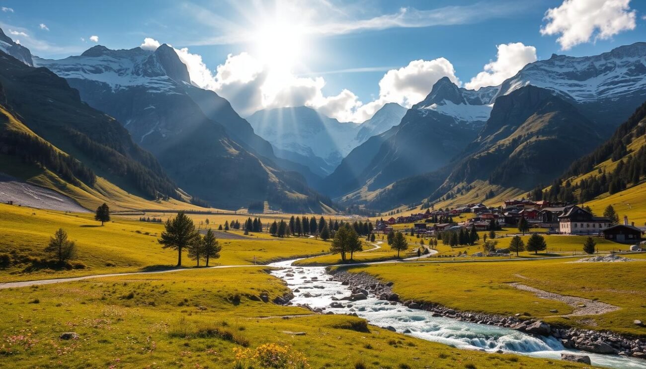 A picturesque alpine valley nestled between snow-capped peaks, the Valle d'Aosta is a breathtaking display of nature's grandeur. Lush meadows dotted with wildflowers stretch out before towering granite cliffs, their slopes adorned with charming alpine villages. Crystalline streams and rivers wind through the landscape, their gentle currents reflecting the vibrant hues of the surrounding environment. Rays of golden sunlight filter through wispy clouds, casting a warm glow over the rugged, yet serene, scene. This is a land of timeless beauty, where the essence of the Italian Alps is distilled into a captivating, immersive visual experience. A picturesque alpine valley nestled between snow-capped peaks, the Valle d'Aosta is a breathtaking display of nature's grandeur. Lush meadows dotted with wildflowers stretch out before towering granite cliffs, their slopes adorned with charming alpine villages. Crystalline streams and rivers wind through the landscape, their gentle currents reflecting the vibrant hues of the surrounding environment. Rays of golden sunlight filter through wispy clouds, casting a warm glow over the rugged, yet serene, scene. This is a land of timeless beauty, where the essence of the Italian Alps is distilled into a captivating, immersive visual experience.