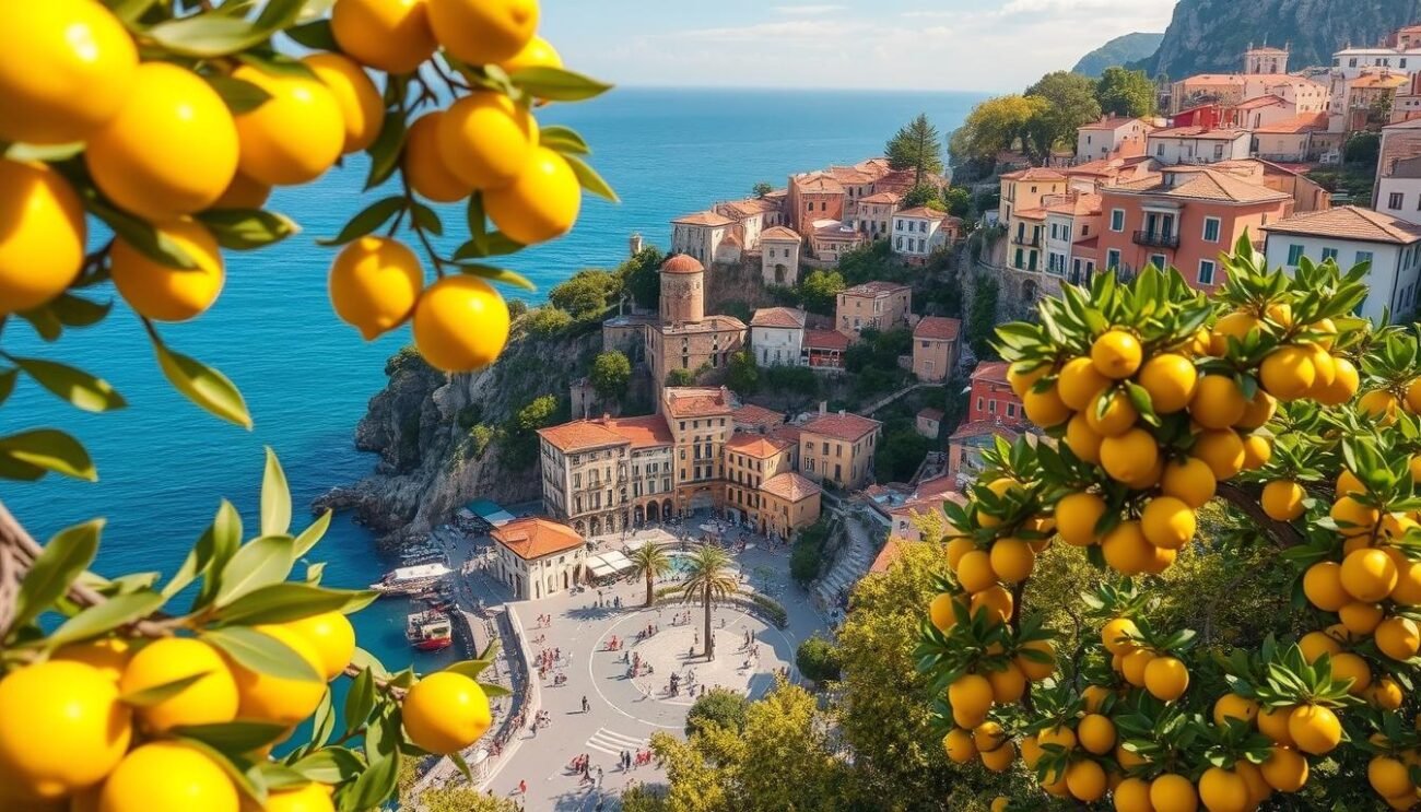 A picturesque coastal town nestled along the Amalfi Coast, Costiera Amalfitana boasts vibrant lemon groves and traditional architecture. Capture the essence of this enchanting region with a scene showcasing a quaint village cascading down the rugged cliffs, its buildings adorned with colorful facades and terracotta roofs. In the foreground, display an abundance of lemon trees, their golden fruit gleaming in the warm, Mediterranean sunlight. In the middle ground, depict a charming piazza or promenade, where locals and visitors alike savor the refreshing fragrance of lemon blossoms. The background should feature the stunning seascape, with the azure waters of the Tyrrhenian Sea stretching out to the horizon. Utilize a wide-angle lens to convey the grandeur of this iconic Italian landscape, bathed in the soft, golden tones of the Mediterranean. A picturesque coastal town nestled along the Amalfi Coast, Costiera Amalfitana boasts vibrant lemon groves and traditional architecture. Capture the essence of this enchanting region with a scene showcasing a quaint village cascading down the rugged cliffs, its buildings adorned with colorful facades and terracotta roofs. In the foreground, display an abundance of lemon trees, their golden fruit gleaming in the warm, Mediterranean sunlight. In the middle ground, depict a charming piazza or promenade, where locals and visitors alike savor the refreshing fragrance of lemon blossoms. The background should feature the stunning seascape, with the azure waters of the Tyrrhenian Sea stretching out to the horizon. Utilize a wide-angle lens to convey the grandeur of this iconic Italian landscape, bathed in the soft, golden tones of the Mediterranean.