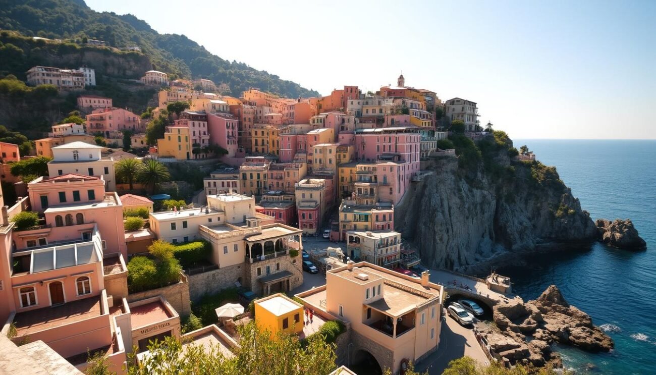 A picturesque coastal town nestled along the Amalfi Coast, Costiera Amalfitana presents a breathtaking vista of pastel-hued buildings cascading down rugged cliffs into the azure Mediterranean waters. Capture the essence of this captivating locale with a wide-angle lens, revealing the interplay of light and shadow among the charming architecture. Infuse the scene with a warm, golden glow reflective of the region's vibrant citrus groves and sun-drenched terraces. Invite the viewer to lose themselves in the serene, romantic atmosphere, where the scent of lemon blossoms mingles with the fresh, salty air. Convey the timeless, enchanting allure of this iconic Italian destination, a true embodiment of the "Dolce Vita" spirit. A picturesque coastal town nestled along the Amalfi Coast, Costiera Amalfitana presents a breathtaking vista of pastel-hued buildings cascading down rugged cliffs into the azure Mediterranean waters. Capture the essence of this captivating locale with a wide-angle lens, revealing the interplay of light and shadow among the charming architecture. Infuse the scene with a warm, golden glow reflective of the region's vibrant citrus groves and sun-drenched terraces. Invite the viewer to lose themselves in the serene, romantic atmosphere, where the scent of lemon blossoms mingles with the fresh, salty air. Convey the timeless, enchanting allure of this iconic Italian destination, a true embodiment of the "Dolce Vita" spirit.