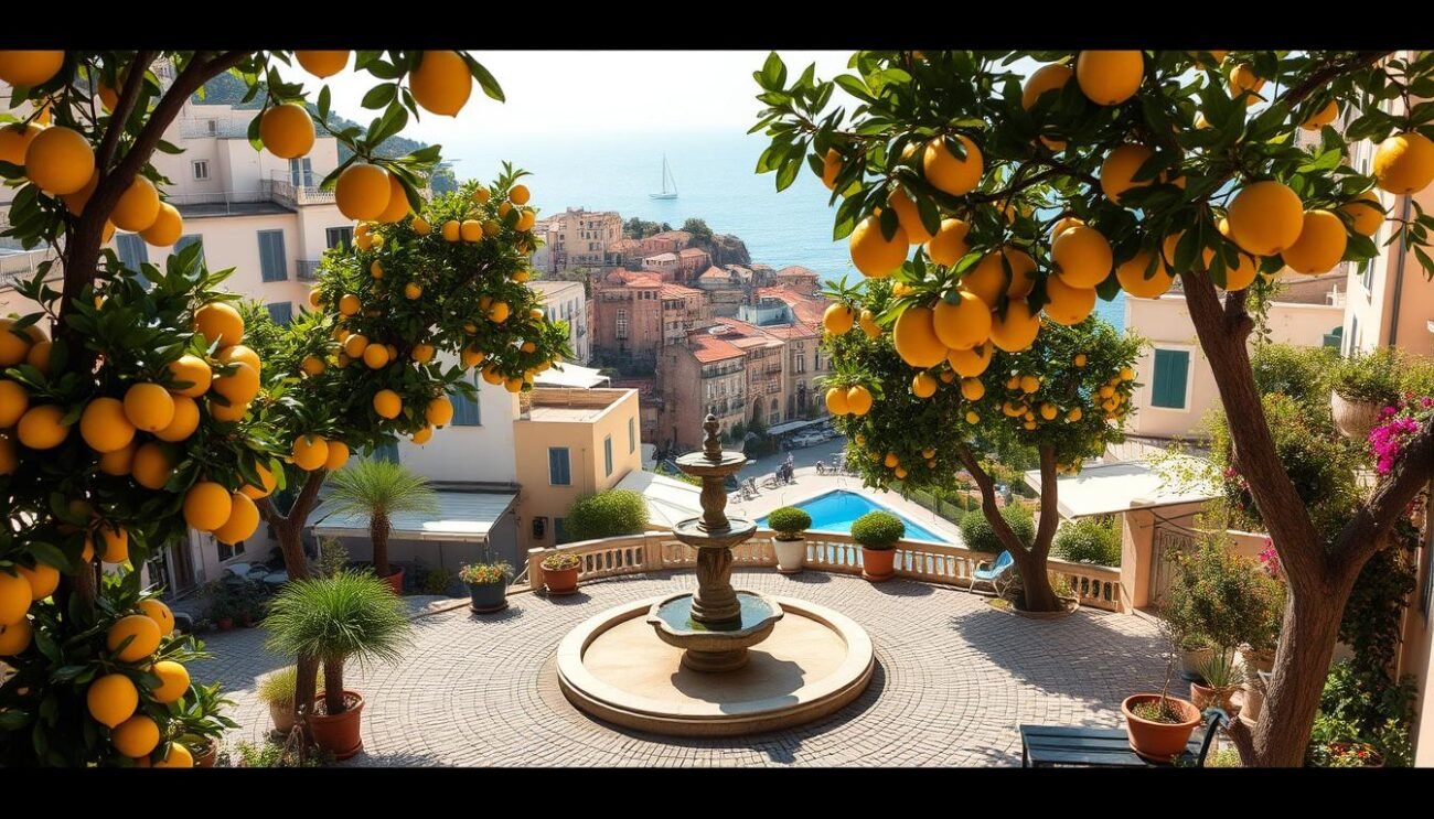 A picturesque hillside town nestled along the Tyrrhenian Sea, Costiera Amalfitana is a stunning panorama of pastel-hued buildings, winding cobblestone streets, and lush Mediterranean foliage. Capture the essence of this iconic Italian coastline with a scene showcasing a charming village square, its fountain surrounded by fragrant lemon trees, their golden fruits glistening in the warm afternoon sunlight. In the distance, glimpse the azure waters of the sea, sailboats gently swaying on the horizon. Convey the vibrant, inviting atmosphere with soft, diffused lighting and a dreamy, hazy quality, inviting the viewer to imagine themselves strolling through this enchanting culinary haven. A picturesque hillside town nestled along the Tyrrhenian Sea, Costiera Amalfitana is a stunning panorama of pastel-hued buildings, winding cobblestone streets, and lush Mediterranean foliage. Capture the essence of this iconic Italian coastline with a scene showcasing a charming village square, its fountain surrounded by fragrant lemon trees, their golden fruits glistening in the warm afternoon sunlight. In the distance, glimpse the azure waters of the sea, sailboats gently swaying on the horizon. Convey the vibrant, inviting atmosphere with soft, diffused lighting and a dreamy, hazy quality, inviting the viewer to imagine themselves strolling through this enchanting culinary haven.