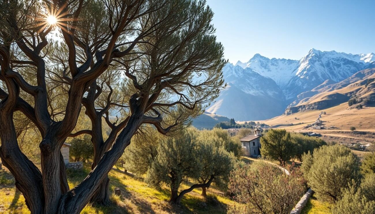 A picturesque landscape of the Aosta Valley, showcasing the rolling hills and snow-capped peaks that frame the local olive groves. In the foreground, a group of olive trees stands tall, their twisted trunks and gnarled branches bearing the weathered marks of years of cultivation. The sunlight filters through the leaves, casting a warm, golden glow over the scene. In the middle ground, a traditional stone farmhouse nestles amidst the olive trees, its rustic charm reflecting the rich heritage of the region. In the distance, the majestic mountains rise up, their rugged beauty a testament to the resilience of the Valdostani people. The overall atmosphere evokes a sense of tranquility and the deep connection between the land, the people, and the precious olive oil they produce.