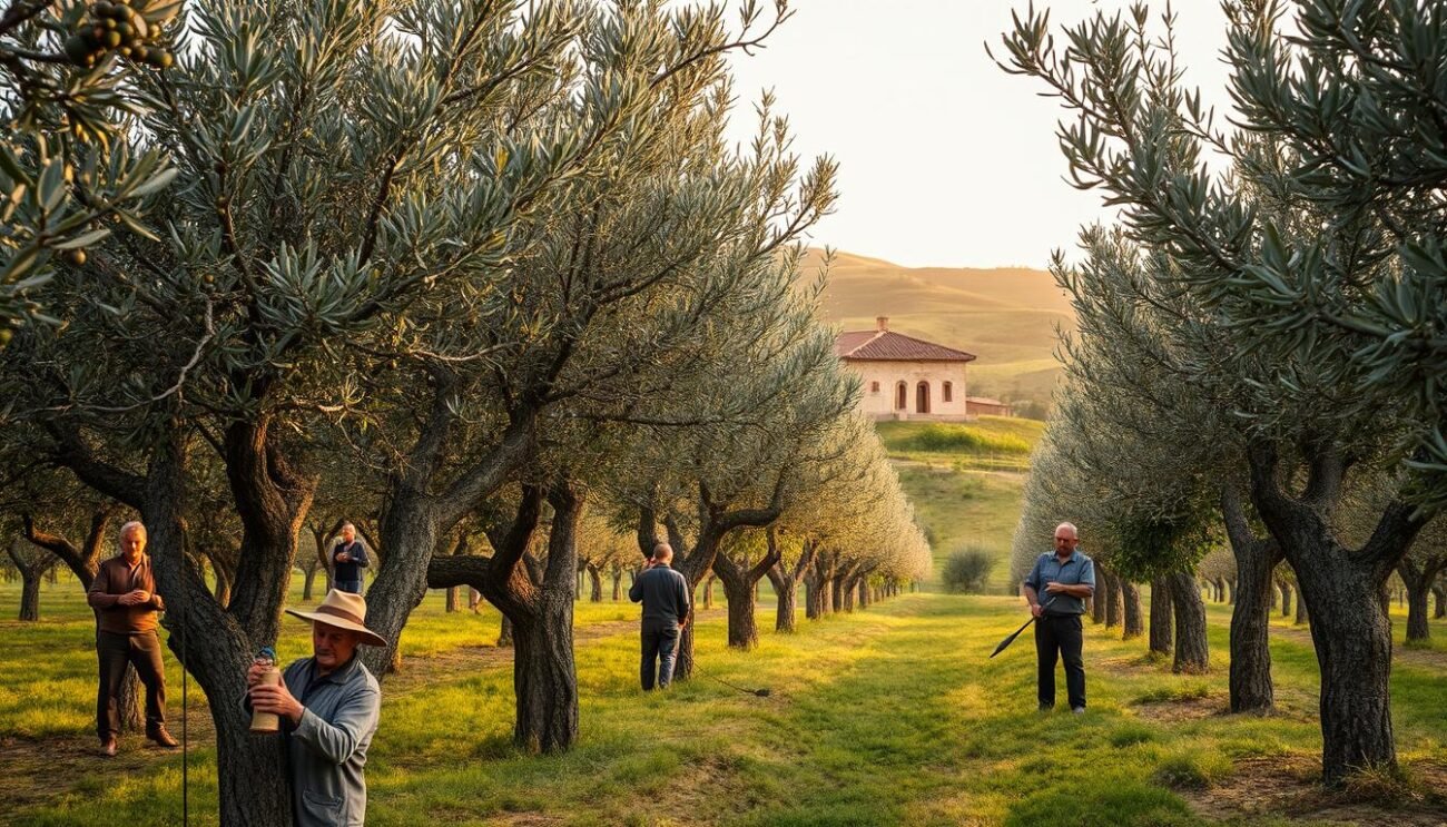 A picturesque olive grove in the heart of Umbria, Italy. Gnarled, twisted olive trees stand tall, their silvery-green leaves rustling in the gentle breeze. Skilled local harvesters carefully gather the ripe, dark-hued olives, their movements graceful and deliberate. The warm, golden light filters through the canopy, casting a soft, inviting glow over the scene. In the distance, a traditional stone farmhouse nestles amidst the verdant landscape, a testament to the region's rich agricultural heritage. The entire composition exudes a sense of timeless tradition and the heartbeat of the local olive oil production.