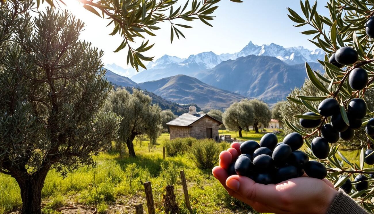 A picturesque olive grove nestled in the rolling hills of Valle d'Aosta, the sunlight casting a warm glow on the gnarled, silver-green trees. In the foreground, a weathered pair of hands carefully inspects the plump, glistening olives, their deep purple hues a testament to their ripeness. The middle ground reveals a small, family-owned mill, where traditional stone presses and modern machinery work in harmony, extracting the precious golden elixir. In the background, the snow-capped peaks of the surrounding mountains loom majestically, providing a breathtaking backdrop to this age-old process of "produzione olio di oliva" - the production of the valley's rare and intensely flavored mountain olive oil.