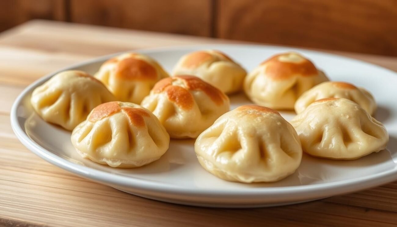 A plate of delicately crafted canederli trentini, traditional bread dumplings from the northern Italian region of Trentino. In the foreground, the fluffy, golden-brown dumplings are arranged with precision, their surfaces glistening under soft, warm lighting. The middle ground reveals a background of rustic wooden textures, hinting at the hearty, homespun nature of this classic regional dish. The overall scene evokes a sense of comforting authenticity, reflecting the rich culinary heritage of the Trentino Alps. A breathtaking representation of the "Canederli: A Symbol of Trentino Cuisine".