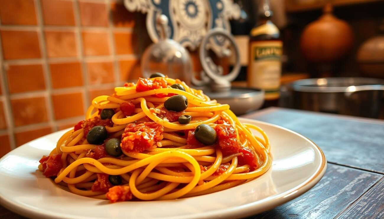 A plate of steaming hot pasta, twirled with a rich, savory sauce made from sun-ripened tomatoes, briny olives, pungent capers, and fragrant garlic. The vibrant colors of the dish jump out against a backdrop of a rustic Italian kitchen, complete with terracotta tiles and weathered wooden surfaces. The lighting is warm and inviting, casting a soft glow over the scene, evoking the comforting atmosphere of a family-run trattoria in the heart of Naples. The pasta itself is perfectly al dente, the sauce clings to the noodles, promising a burst of bold, umami-rich flavors in every bite. This is Pasta alla Puttanesca, a classic of Neapolitan cuisine, rooted in the vibrant, working-class culture of the city. A plate of steaming hot pasta, twirled with a rich, savory sauce made from sun-ripened tomatoes, briny olives, pungent capers, and fragrant garlic. The vibrant colors of the dish jump out against a backdrop of a rustic Italian kitchen, complete with terracotta tiles and weathered wooden surfaces. The lighting is warm and inviting, casting a soft glow over the scene, evoking the comforting atmosphere of a family-run trattoria in the heart of Naples. The pasta itself is perfectly al dente, the sauce clings to the noodles, promising a burst of bold, umami-rich flavors in every bite. This is Pasta alla Puttanesca, a classic of Neapolitan cuisine, rooted in the vibrant, working-class culture of the city.
