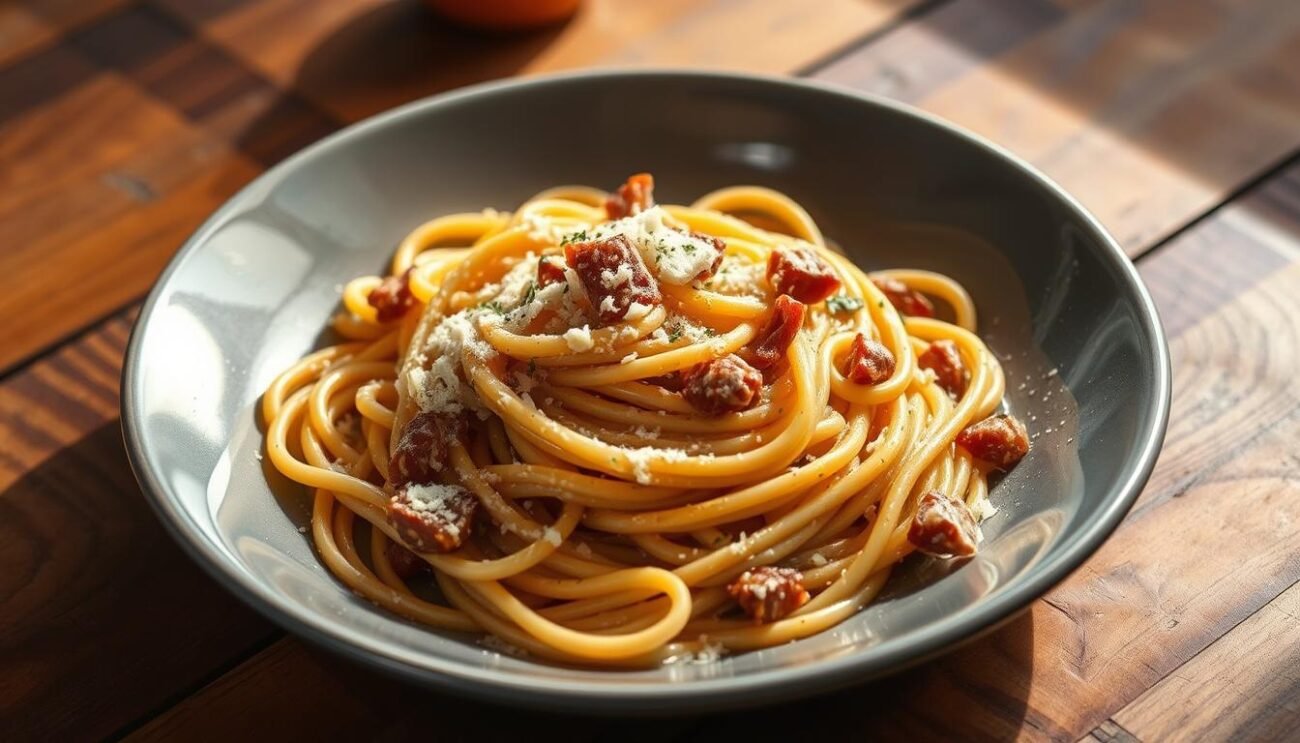 A plate of traditional Roman "pasta alla gricia" rests on a rustic wooden table, illuminated by warm, natural lighting. The spaghetti strands are coated in a creamy, peppery sauce, with visible flecks of guanciale (cured pork cheek) and a generous dusting of Pecorino Romano cheese. The overall composition evokes the simple yet satisfying essence of this classic Roman pasta dish, reflecting the title "La Pasta alla Gricia: Un Classico della Cucina Romana".