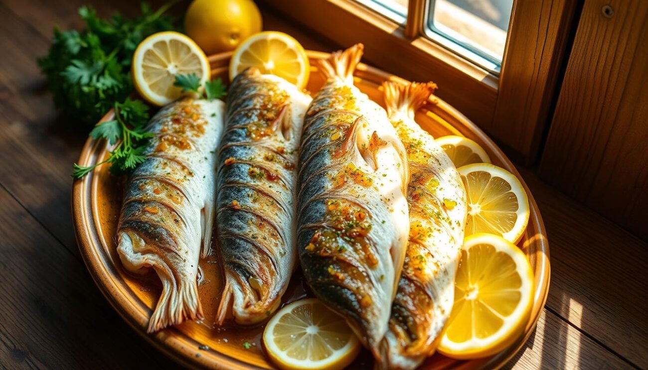 A platter of fresh, glistening "pesce in carpione" rests atop a rustic wooden table, surrounded by vibrant lemon wedges and sprigs of fragrant parsley. The succulent fish fillets, marinated in a tantalizing blend of vinegar, herbs, and spices, emit a warm, inviting aroma. The light streams in from a nearby window, casting a soft, golden glow over the scene, highlighting the delicate texture of the fish and the rich, caramelized edges. The overall composition evokes the traditional flavors and rustic charm of the Lodigiano region, where this beloved dish originates.