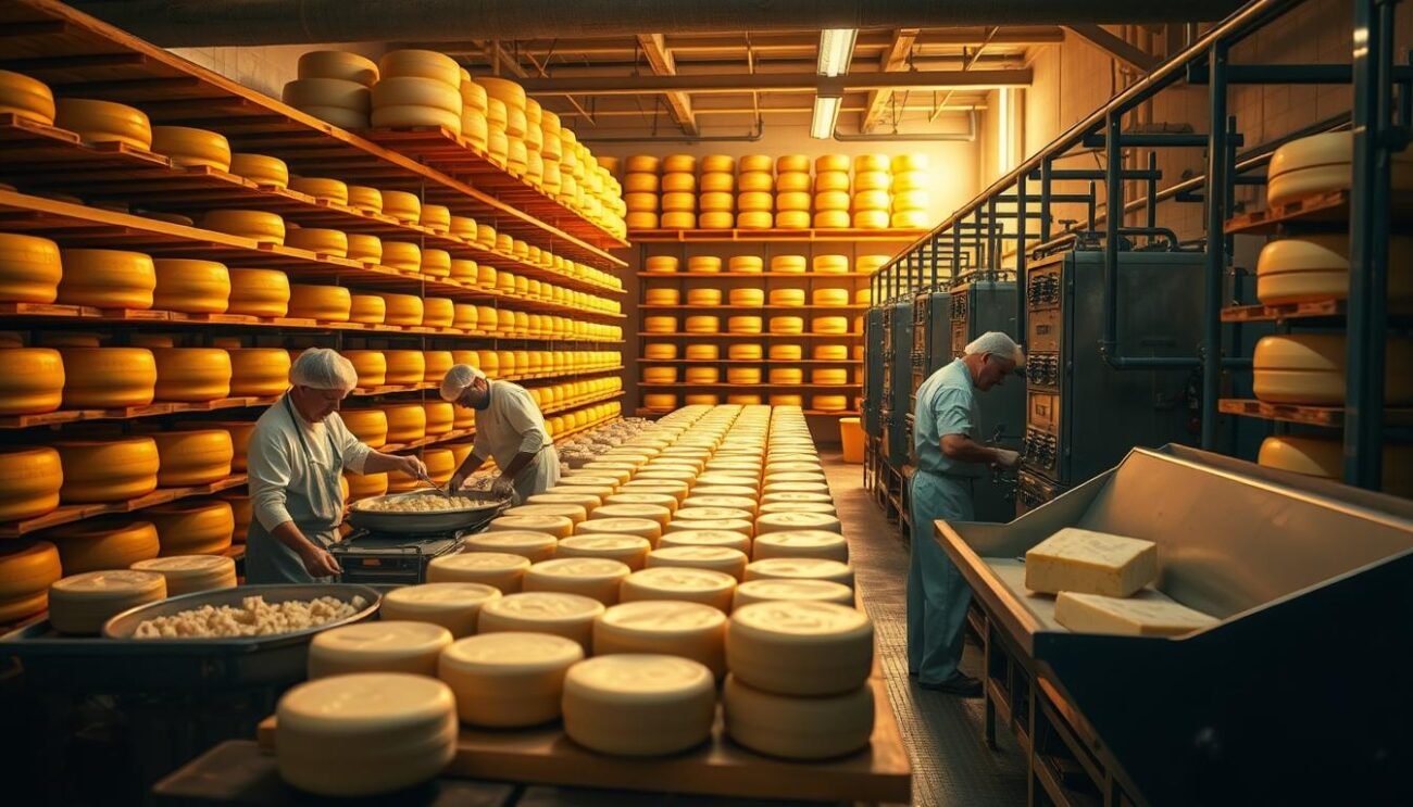 A pristine cheese production facility, bathed in a warm, golden glow. In the foreground, skilled cheesemakers carefully tend to the curds, meticulously shaping and pressing the fresh cheese. The middle ground reveals the aging process, with rows of wooden shelves housing maturing wheels, each one a testament to the artistry of the craft. In the background, state-of-the-art equipment hums, monitoring the precise temperature and humidity, ensuring the cheese develops its distinctive flavors. The scene is one of harmony, where tradition and technology coexist to create a masterpiece of dairy excellence.