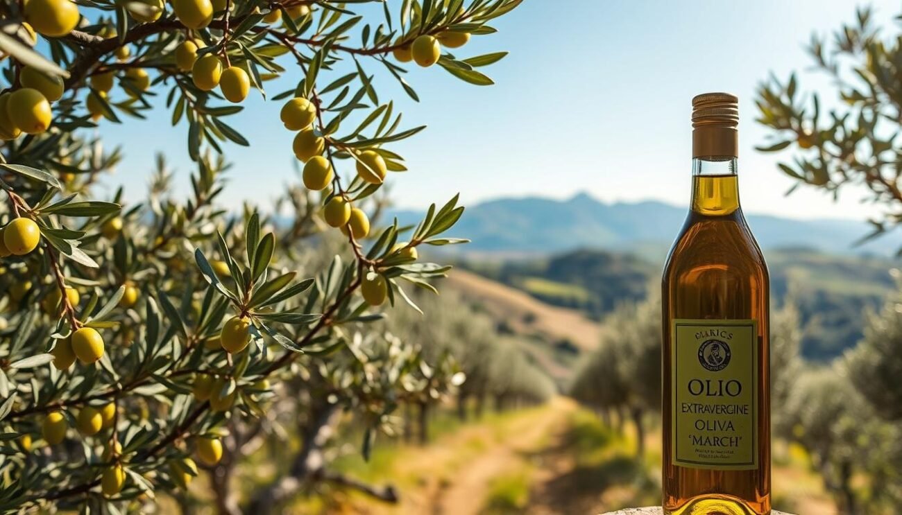 A pristine olive grove nestled in the rolling hills of the Marche region, bathed in warm Mediterranean sunlight. Glistening green olives cling to the branches, their skins kissed by the sea breeze. In the foreground, a glass bottle of "Olio Extravergine Oliva Marche" stands proud, its label evoking the rustic charm of this ancient land. The background reveals a breathtaking panorama of the Apennine mountains, their peaks reaching towards the azure sky. This image captures the essence of the Marche's prized olive oil, a testament to the harmony between land, climate, and centuries-old traditions. A pristine olive grove nestled in the rolling hills of the Marche region, bathed in warm Mediterranean sunlight. Glistening green olives cling to the branches, their skins kissed by the sea breeze. In the foreground, a glass bottle of "Olio Extravergine Oliva Marche" stands proud, its label evoking the rustic charm of this ancient land. The background reveals a breathtaking panorama of the Apennine mountains, their peaks reaching towards the azure sky. This image captures the essence of the Marche's prized olive oil, a testament to the harmony between land, climate, and centuries-old traditions.