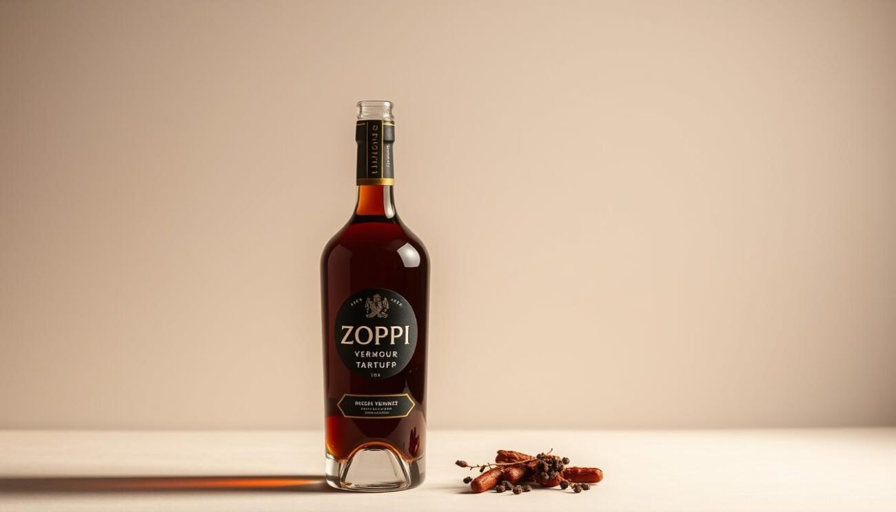 A refined still life showcasing a bottle of zoppi vermouth tartufo, set against a neutral background. The bottle's elegant form and amber hue are highlighted by soft, directional lighting, casting subtle shadows and adding depth. The overall composition exudes a sense of sophistication and attention to detail, perfectly capturing the high-quality ingredients and artisanal process behind this pregiato vermouth. The image conveys a mood of understated luxury, inviting the viewer to appreciate the nuanced flavors and aromas of this exceptional beverage. A refined still life showcasing a bottle of zoppi vermouth tartufo, set against a neutral background. The bottle's elegant form and amber hue are highlighted by soft, directional lighting, casting subtle shadows and adding depth. The overall composition exudes a sense of sophistication and attention to detail, perfectly capturing the high-quality ingredients and artisanal process behind this pregiato vermouth. The image conveys a mood of understated luxury, inviting the viewer to appreciate the nuanced flavors and aromas of this exceptional beverage.