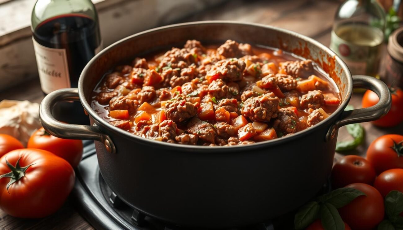 A rich and savory bolognese ragù simmering on the stovetop, its deep burgundy hue glistening under warm lighting. Chunks of ground beef and pork mingle with finely diced onions, carrots, and celery, simmered to perfection in a blend of tomatoes, red wine, and aromatic herbs. The aroma fills the air, enticing the senses with its depth of flavor. A heavy-bottomed pot sits atop a rustic wooden surface, surrounded by whole peeled tomatoes, a half-empty wine bottle, and a scattering of fresh basil leaves. The scene evokes the comforting, homemade essence of traditional Emilian cuisine.