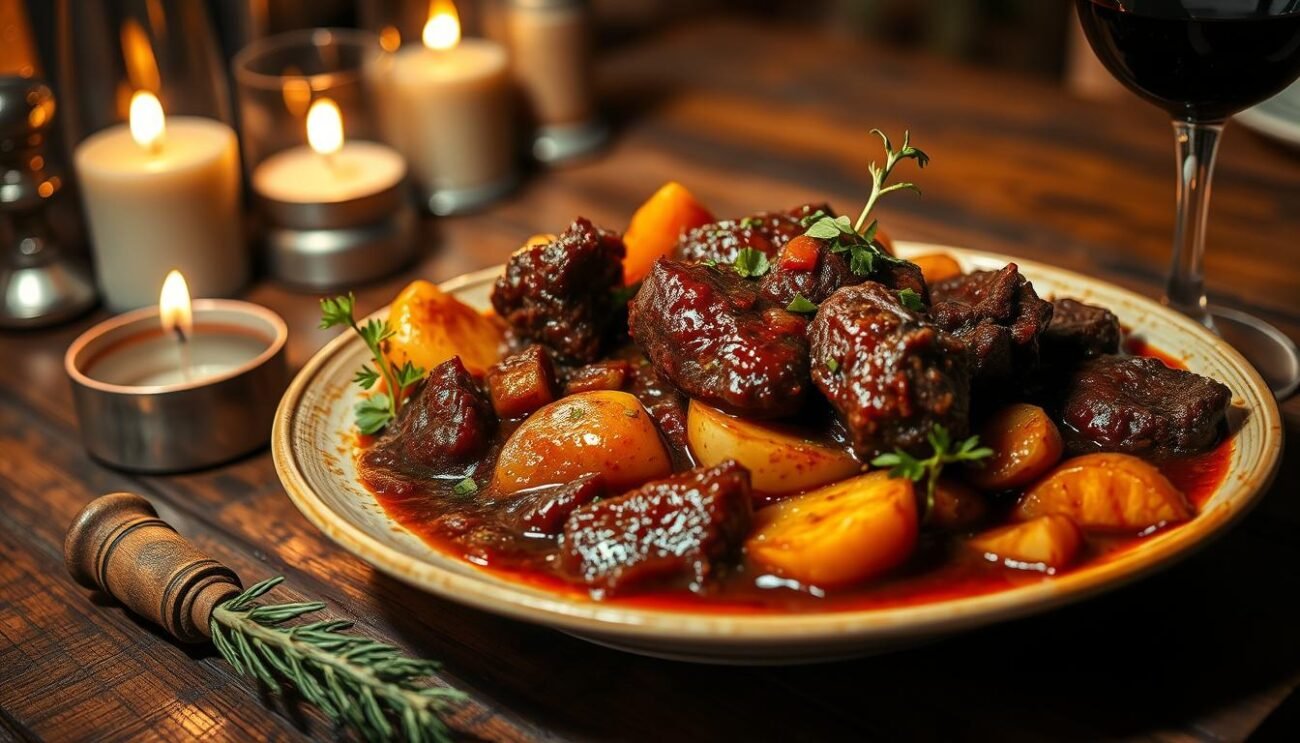 A rich, hearty dish of tender braised beef in a deep red wine sauce, garnished with roasted vegetables and fresh herbs. The scene depicts a rustic wooden table, dimly lit by warm candlelight, setting the stage for this traditional Valdostana specialty. The beef is fork-tender, the sauce thick and glossy, complemented by the earthy aromas of roasted potatoes, carrots, and onions. Artfully arranged, the dish evokes the comforting flavors and rustic charm of Northern Italian cuisine. A glass of robust red wine completes the picture, inviting the viewer to savor this authentic taste of Valdostana. A rich, hearty dish of tender braised beef in a deep red wine sauce, garnished with roasted vegetables and fresh herbs. The scene depicts a rustic wooden table, dimly lit by warm candlelight, setting the stage for this traditional Valdostana specialty. The beef is fork-tender, the sauce thick and glossy, complemented by the earthy aromas of roasted potatoes, carrots, and onions. Artfully arranged, the dish evokes the comforting flavors and rustic charm of Northern Italian cuisine. A glass of robust red wine completes the picture, inviting the viewer to savor this authentic taste of Valdostana.