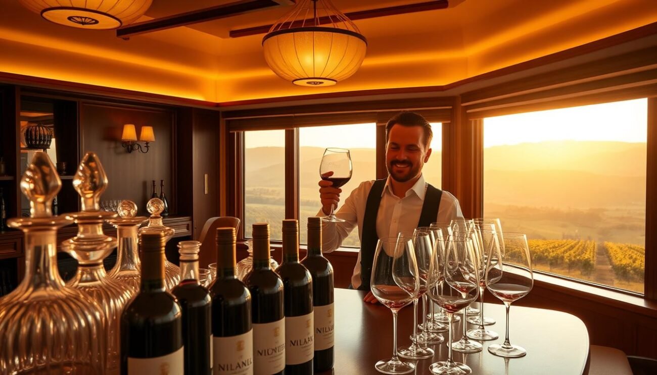 A richly appointed tasting room, the warm glow of overhead lighting casting a soft, inviting ambiance. Rows of elegant crystal decanters and wine glasses sit atop a polished wooden table, inviting closer inspection. In the foreground, a carefully curated arrangement of local Piemonte Nobile bottles, their labels gleaming with subtle sophistication. The middle ground features a sommelier, hand-swirling a glass of the celebrated vintage, their expression one of deep concentration as they evaluate the bouquet and flavor. Beyond, a panoramic window offers a breathtaking view of the rolling Piemonte hills, vineyards stretching to the horizon under a golden, late-afternoon sky.