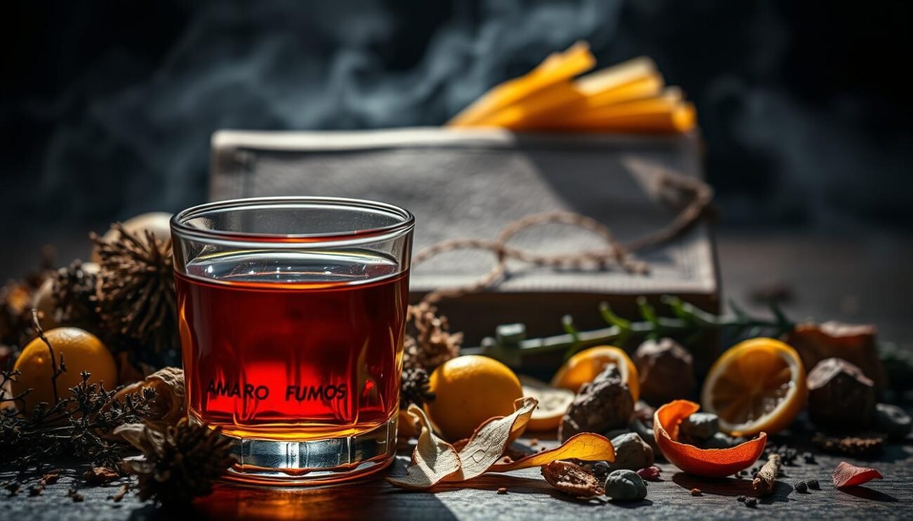 A richly aromatic still life showcasing the captivating flavors of Amaro Fumoso. In the foreground, a glass tumbler filled with the aromatic amber liquid, its surface gently reflecting the warm, amber-tinted light. Surrounding the glass, an artful arrangement of botanicals - fragrant herbs, vibrant citrus peels, and gently smoldering oak chips, evoking the complex, herbaceous character of the amaro. In the middle ground, a worn leather-bound book, its pages fluttering softly, hinting at the history and tradition behind this unique Italian aperitif. The background gently fades into soft, atmospheric shadows, creating a sense of depth and inviting the viewer to imagine the full flavor profile. Subtle, moody lighting casts dramatic shadows, heightening the sense of depth and drawing the eye to the central elements.