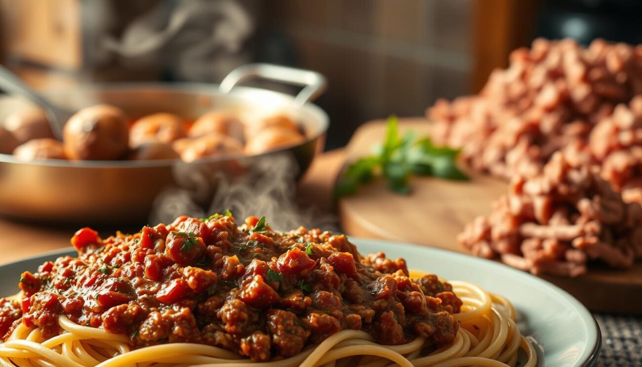 A richly textured scene of classic Italian ground beef dishes. In the foreground, a heaping plate of spaghetti bolognese, the meat sauce glistening with flecks of herbs and spices. Behind it, a sizzling pan of meatballs in a bright tomato sauce, steam rising. In the background, a cutting board with piles of fresh ground beef, ready to be transformed into more beloved recipes. Warm, golden lighting bathes the scene, evoking the comfort and familiarity of time-honored home cooking. The mood is one of culinary abundance and tradition, inviting the viewer to imagine the satisfying flavors and aromas.