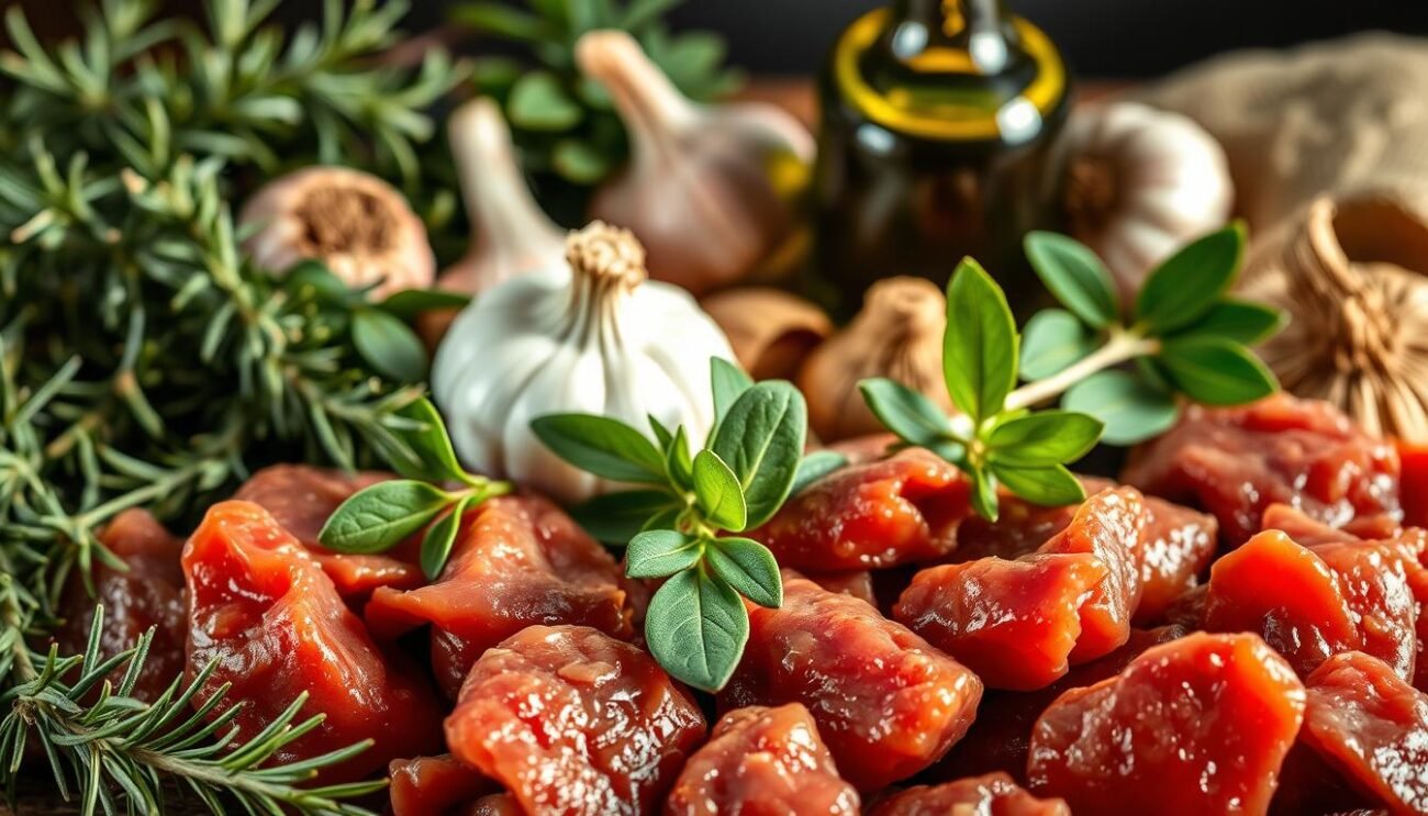 A richly textured still life showcasing the essential ingredients for the quintessential Tuscan pâté di fegatini. In the foreground, a array of freshly butchered chicken livers, their deep crimson hue glistening under soft, natural lighting. Surrounding them, a medley of aromatic herbs - rosemary, thyme, and sage - their verdant leaves providing a vibrant contrast. In the middle ground, a selection of aromatic shallots and garlic bulbs, their papery skins adding earthy tones. In the background, a drizzle of deep green extra virgin olive oil, ready to lend its fruity notes to the blend. The overall composition evokes the rustic charm of a traditional Aretine kitchen, inviting the viewer to imagine the flavors and aromas of this iconic Tuscan specialty.