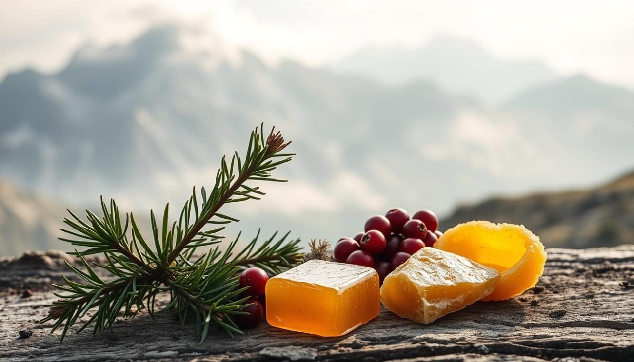 A rugged landscape of the Dolomite mountains, shrouded in a mist-like haze. In the foreground, an assortment of authentic mountain ingredients - crisp pine needles, a sprig of rosemary, a handful of wild berries, and a slice of golden honeycomb. The lighting is soft and diffused, casting a warm, natural glow over the scene. The composition is balanced, with the mountain peaks visible in the distance, creating a sense of depth and scale. The overall atmosphere is one of rustic simplicity and the untamed beauty of the Italian Alps.