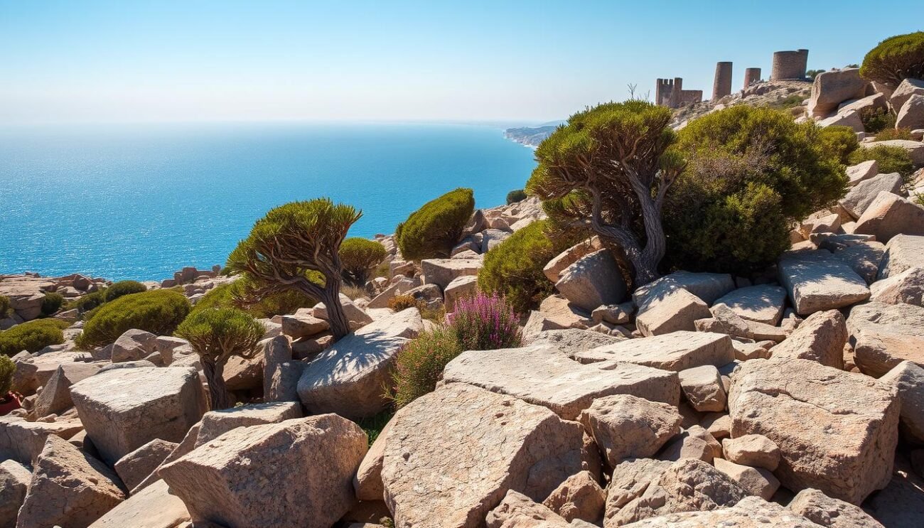 A rugged, wind-swept expanse of granite boulders and slabs stretches across the Sardinian landscape, its weathered surfaces glistening under the warm Mediterranean sun. Twisted, gnarled shrubs of the native macchia vegetation cling to the rocky outcrops, their vibrant green foliage punctuated by the occasional burst of colorful wildflowers. In the distance, a shimmering azure expanse of the Tyrrhenian Sea meets the horizon, with the dramatic silhouettes of ancient Nuragic towers rising like sentinels against the sky. The scene conveys a sense of timeless, primal beauty, capturing the essence of Sardinia's unique geological and natural heritage. A rugged, wind-swept expanse of granite boulders and slabs stretches across the Sardinian landscape, its weathered surfaces glistening under the warm Mediterranean sun. Twisted, gnarled shrubs of the native macchia vegetation cling to the rocky outcrops, their vibrant green foliage punctuated by the occasional burst of colorful wildflowers. In the distance, a shimmering azure expanse of the Tyrrhenian Sea meets the horizon, with the dramatic silhouettes of ancient Nuragic towers rising like sentinels against the sky. The scene conveys a sense of timeless, primal beauty, capturing the essence of Sardinia's unique geological and natural heritage.