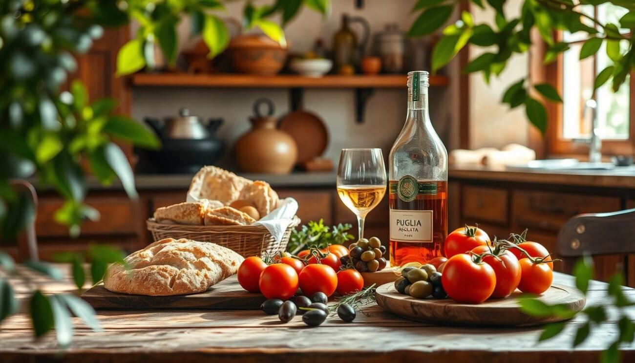 A rustic Italian kitchen, bathed in warm, natural light. On the wooden table, a vibrant display of Puglia's culinary delights - freshly baked focaccia, fragrant tomatoes, pungent olives, and a carafe of the region's signature Puglia Assolata aperitif. The scene exudes the inviting aromas and convivial atmosphere of a traditional Southern Italian meal. Lush greenery from the nearby garden frames the composition, hinting at the sun-drenched terroir that gives these ingredients their distinct flavors. A timeless, artisanal aesthetic, captured through a vintage lens, invites the viewer to experience the quintessential gastronomic pairings of Puglia.