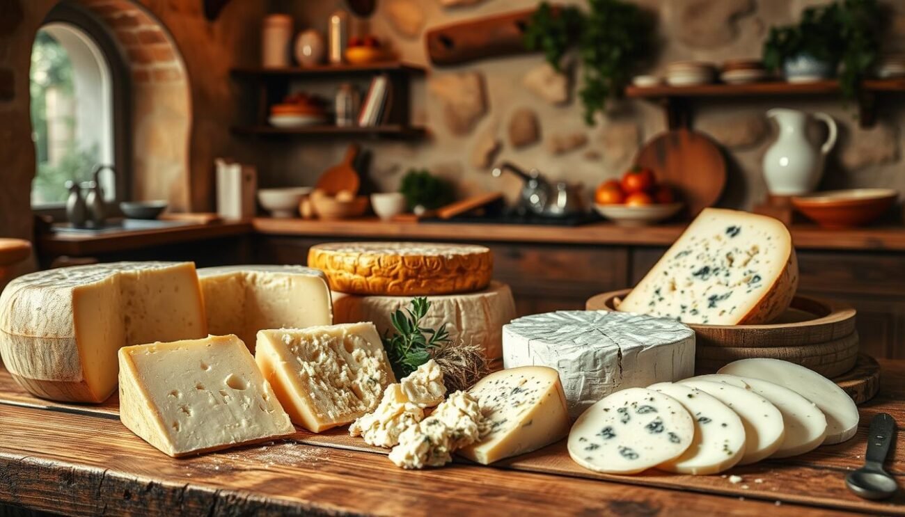 A rustic Italian kitchen, warm lighting illuminating a wooden table adorned with a variety of artisanal cheeses. Wheels of pecorino, wedges of gorgonzola, and slices of creamy mozzarella arrange themselves in a visually appealing display. The scene evokes the essence of Mediterranean culinary tradition, where cheese is celebrated as a natural, nutritious component of a balanced diet. The image captures the harmony between the cheese and its surroundings, inviting the viewer to consider the role of this dairy delight in maintaining a healthy, sustainable lifestyle.