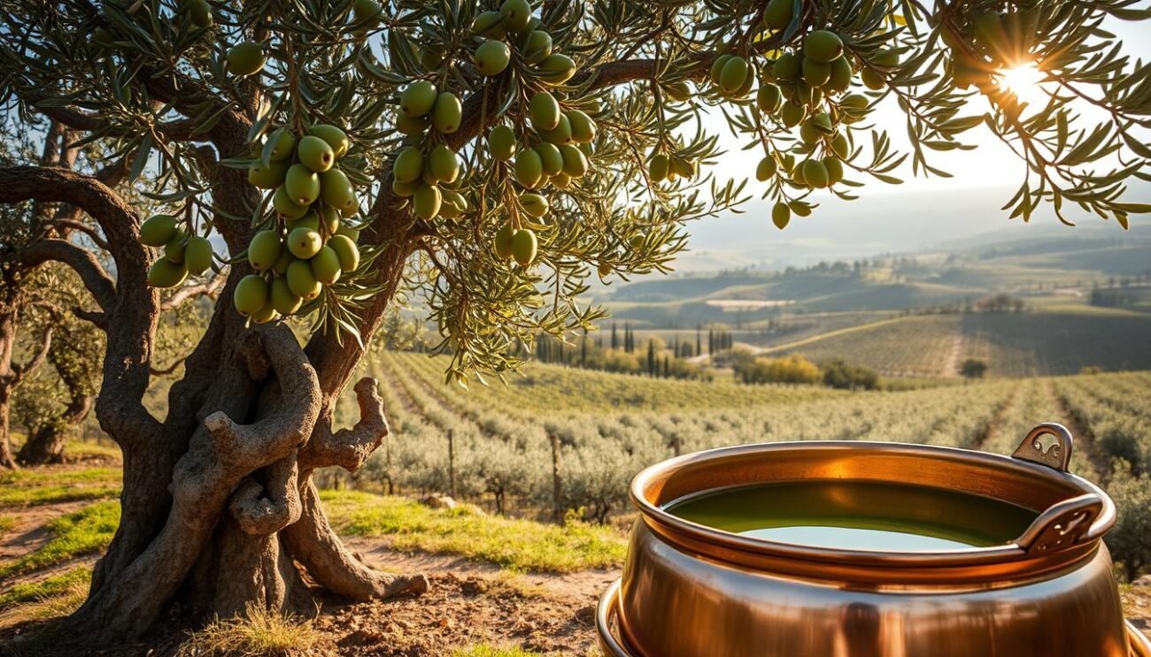 A rustic Italian olive grove nestled amongst the rolling hills of the Lazio region, bathed in the warm golden light of the Mediterranean sun. Gnarled, twisted olive trees with silvery-green leaves sway gently in the breeze, their boughs heavy with plump, vibrant-green olives ready for harvest. In the foreground, a gleaming copper vessel overflows with the freshly pressed, emerald-hued "olio extravergine laziale", its rich, fruity aroma filling the air. Surrounding the scene, a patchwork of lush vineyards and cypress-dotted landscapes speak to the rich agricultural heritage of this storied Italian territory.