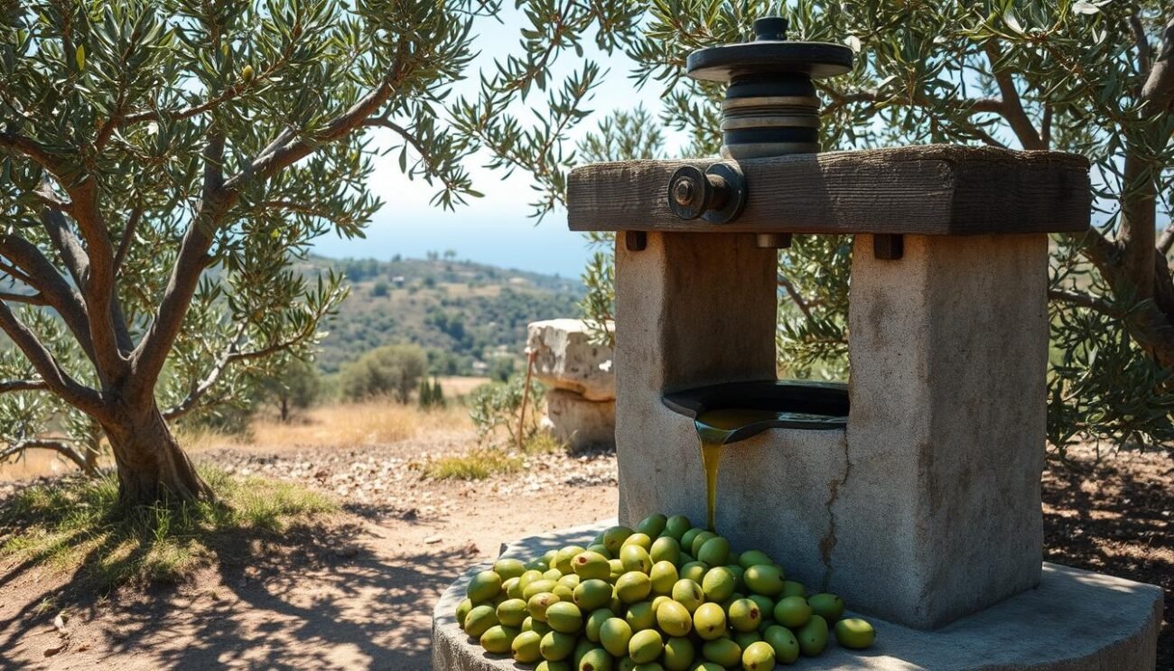 A rustic Italian olive grove, sun-dappled leaves casting gentle shadows on the gnarled, silver-barked trees. In the foreground, a traditional stone olive press, its weathered wood and metal gleaming, the remnants of freshly pressed oil dripping from its ancient mechanism. Surrounding the press, a scattering of plump, deep-green olives, their skins glistening with the last vestiges of their journey from tree to bottle. In the distance, rolling hills dotted with more olive groves, the hazy blue Mediterranean horizon beyond. The scene radiates the essence of Ligurian olive oil production - a timeless, artisanal process, rooted in the land and the traditions of this storied region. A rustic Italian olive grove, sun-dappled leaves casting gentle shadows on the gnarled, silver-barked trees. In the foreground, a traditional stone olive press, its weathered wood and metal gleaming, the remnants of freshly pressed oil dripping from its ancient mechanism. Surrounding the press, a scattering of plump, deep-green olives, their skins glistening with the last vestiges of their journey from tree to bottle. In the distance, rolling hills dotted with more olive groves, the hazy blue Mediterranean horizon beyond. The scene radiates the essence of Ligurian olive oil production - a timeless, artisanal process, rooted in the land and the traditions of this storied region.
