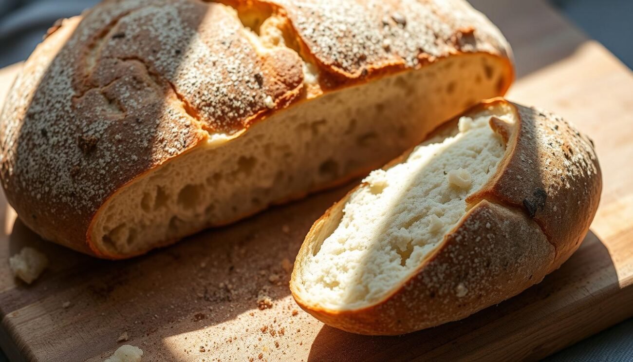 A rustic Italian pane toscano, freshly baked with a golden-brown crust and a soft, airy interior. The loaf sits on a wooden cutting board, casting long shadows in the warm afternoon light. Crumbs and spices are scattered around, hinting at the care and tradition behind its preparation. The image exudes the comforting aromas of yeast, herbs, and the distinct flavors of Tuscan cuisine. This authentic pane toscano is the foundation for the classic Crostini Senesi, ready to be adorned with the region's traditional toppings.