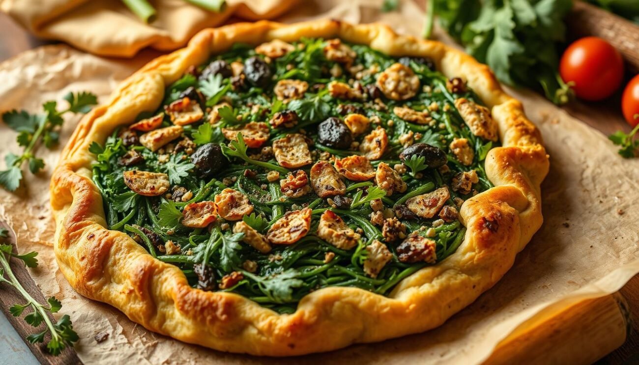 A rustic and artisanal preparation of the traditional Erbazzone Reggiano, a savory Italian pie filled with a vibrant array of fresh greens, nestled within a flaky, golden crust. The scene captures the essential steps of the recipe, showcasing the careful layering of ingredients - from the crisp, buttery pastry base to the vibrant, verdant filling - all illuminated by warm, natural lighting that accentuates the dish's homemade appeal. The overall composition conveys the care and craftsmanship inherent in the Erbazzone Reggiano, a cherished regional delicacy steeped in the rich culinary heritage of Emilia-Romagna.