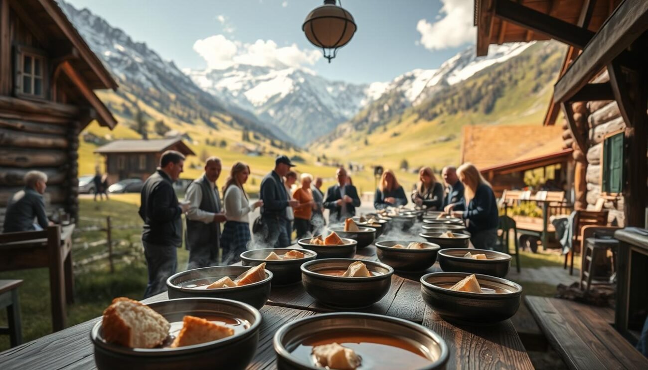 A rustic and inviting scene of the "Sagra della Seupa" in the heart of the Italian Alps. The foreground features a long wooden table laden with steaming bowls of the traditional Valpelline soup, made with crusty bread and creamy fontina cheese. In the middle ground, a group of locals in traditional alpine attire gather around, enjoying the hearty dish and lively conversation. The background showcases the majestic snow-capped peaks and lush green meadows that surround the quaint mountain village, bathed in the warm glow of the midday sun. The atmosphere is one of community, tradition, and the celebration of the region's rich culinary heritage. A rustic and inviting scene of the "Sagra della Seupa" in the heart of the Italian Alps. The foreground features a long wooden table laden with steaming bowls of the traditional Valpelline soup, made with crusty bread and creamy fontina cheese. In the middle ground, a group of locals in traditional alpine attire gather around, enjoying the hearty dish and lively conversation. The background showcases the majestic snow-capped peaks and lush green meadows that surround the quaint mountain village, bathed in the warm glow of the midday sun. The atmosphere is one of community, tradition, and the celebration of the region's rich culinary heritage.