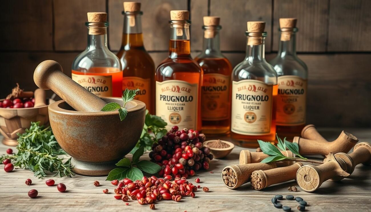 A rustic arrangement of glass bottles, wooden corks, fresh herbs, and earthy spices. In the foreground, a mortar and pestle grind aromatic prugnolo berries and rhubarb roots, casting a warm glow. In the middle ground, a cluster of glass decanters hold rich, amber-colored liqueur, their labels adorned with vintage typography. In the background, a weathered wooden table sets the scene, hinting at the traditional craftsmanship and care that goes into this homemade elixir. Soft, natural lighting filters through the scene, evoking the cozy, intimate atmosphere of an Italian kitchen. A rustic arrangement of glass bottles, wooden corks, fresh herbs, and earthy spices. In the foreground, a mortar and pestle grind aromatic prugnolo berries and rhubarb roots, casting a warm glow. In the middle ground, a cluster of glass decanters hold rich, amber-colored liqueur, their labels adorned with vintage typography. In the background, a weathered wooden table sets the scene, hinting at the traditional craftsmanship and care that goes into this homemade elixir. Soft, natural lighting filters through the scene, evoking the cozy, intimate atmosphere of an Italian kitchen.