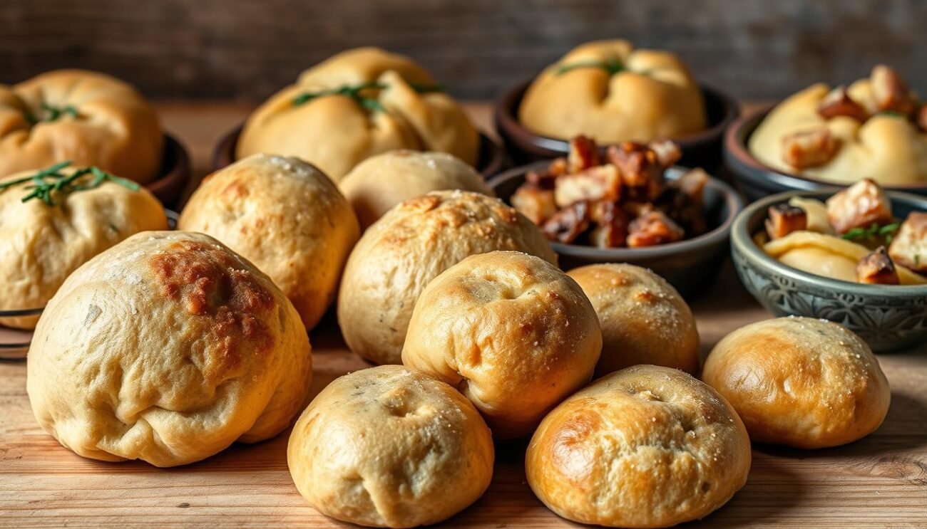 A rustic arrangement of traditional Trentino canederli, the iconic bread dumplings of the region. In the foreground, plump, golden-brown spheres sit atop a wooden surface, their textured exteriors hinting at the savory fillings within. Surrounding them, an assortment of variations, each with its own unique twist - some flecked with herbs, others dotted with cubes of smoked speck. The middle ground features a soft, diffused light, casting warm shadows and accentuating the homemade, artisanal quality of the dishes. In the background, a muted, earthy color palette evokes the mountainous landscapes of Trentino, the spiritual home of this beloved regional specialty.
