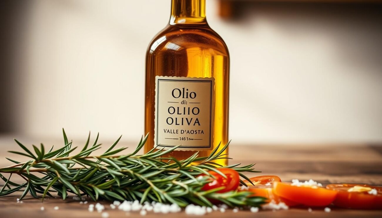 A rustic, artisanal bottle of "Olio di Oliva Valle d'Aosta" rests atop a wooden table, its deep golden hue glistening under soft, diffused lighting. The bottle's label features simple, elegant typography, hinting at the intense, complex flavors within. In the foreground, freshly harvested herbs and vegetables - perhaps a sprig of rosemary, a few sliced tomatoes, and a sprinkle of coarse sea salt - create a culinary still life, evoking the rich, earthy character of this prized mountain olive oil. The background blurs softly, directing the viewer's focus to the centerpiece, the precious bottle of "Olio di Oliva Valle d'Aosta" - a true taste of the Italian Alps.