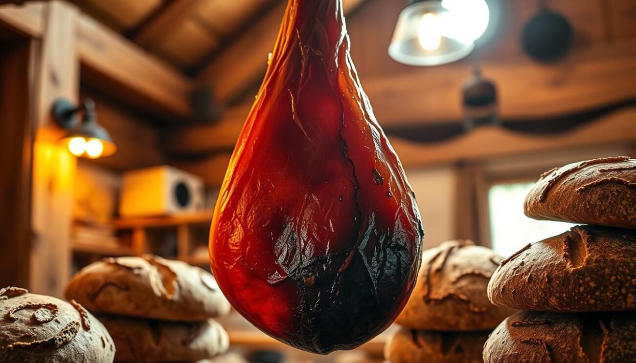 A rustic, artisanal smoked ham hangs in a cozy, well-lit alpine chalet. The deep amber hue of the speck altoatesino glistens under the soft, warm lighting, showcasing its intricate marbling and rich flavor. Surrounding the centerpiece are neatly stacked wheels of traditional rye bread, their dark, crunchy crusts complementing the savory cured meat. The scene evokes the rugged, mountainous terroir of Alto Adige, where this iconic Italian delicacy has been meticulously crafted for generations, using time-honored smoking techniques passed down through the ages.