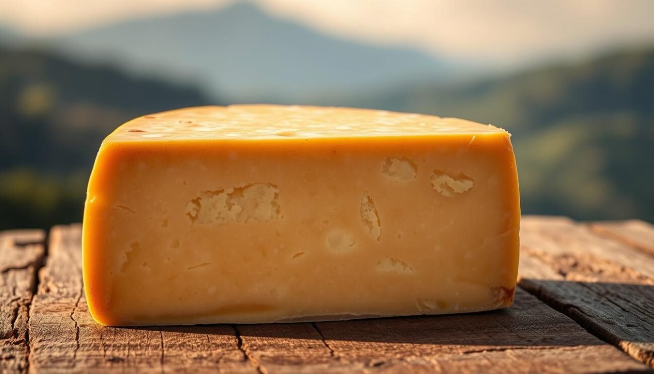 A rustic, artisanal wheel of Parmigiano Reggiano DOP cheese sits atop a weathered wooden surface, its golden-brown rind glistening under warm, natural lighting. The cheese's distinctive texture, with its delicate granular crystals, is visible through the wedge's clean-cut face. The background features a soft, blurred Italian landscape, hinting at the cheese's provenance and the care taken in its production. The overall composition evokes a sense of traditional craftsmanship, quality, and the essence of Italian culinary excellence. A rustic, artisanal wheel of Parmigiano Reggiano DOP cheese sits atop a weathered wooden surface, its golden-brown rind glistening under warm, natural lighting. The cheese's distinctive texture, with its delicate granular crystals, is visible through the wedge's clean-cut face. The background features a soft, blurred Italian landscape, hinting at the cheese's provenance and the care taken in its production. The overall composition evokes a sense of traditional craftsmanship, quality, and the essence of Italian culinary excellence.