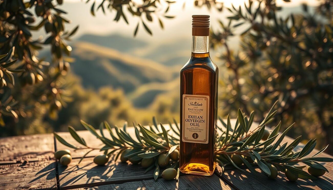 A rustic bottle of Sicilian extra virgin olive oil sits atop a weathered wooden table, surrounded by lush green olive branches and leaves. The lighting is warm and golden, casting soft shadows and highlighting the rich, amber hue of the oil. In the background, a glimpse of rolling hills and olive groves can be seen, conveying a sense of the unique terroir and artisanal craftsmanship that goes into this certified DOP and IGP product. The overall scene exudes a tranquil, authentic atmosphere, reflecting the quality and heritage of Sicilian olive oil.
