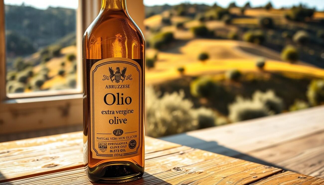 A rustic bottle of extra virgin olive oil sits atop a wooden table, its amber hue catching the warm, natural light streaming through a nearby window. The bottle's label prominently displays the words "Olio extra vergine oliva Abruzzese", highlighting the local provenance of this artisanal product. In the background, a rolling hillside landscape can be seen, dotted with olive trees and reflecting the connection between the land and this cherished culinary treasure. The overall scene conveys a sense of authenticity, tradition, and the meticulous care taken in the production of this exceptional olive oil.