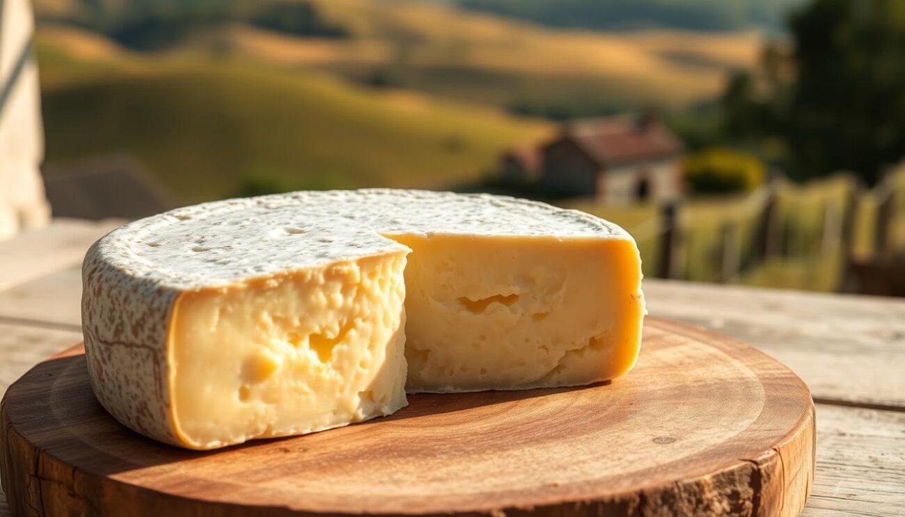 A rustic cheese wheel resting on a wooden board, its surface adorned with a delicate mottled rind. The interior reveals a soft, creamy texture, with a subtle, tangy flavor that lingers on the palate. The image is bathed in warm, natural lighting, casting gentle shadows and highlighting the cheese's artisanal craftsmanship. In the background, a simple Italian countryside scene unfolds, with rolling hills and a distant farmhouse, evoking a sense of tradition and provenance. The overall composition conveys the digestibility and health benefits of this distinctive Italian goat cheese, as part of a balanced, wholesome diet. A rustic cheese wheel resting on a wooden board, its surface adorned with a delicate mottled rind. The interior reveals a soft, creamy texture, with a subtle, tangy flavor that lingers on the palate. The image is bathed in warm, natural lighting, casting gentle shadows and highlighting the cheese's artisanal craftsmanship. In the background, a simple Italian countryside scene unfolds, with rolling hills and a distant farmhouse, evoking a sense of tradition and provenance. The overall composition conveys the digestibility and health benefits of this distinctive Italian goat cheese, as part of a balanced, wholesome diet.