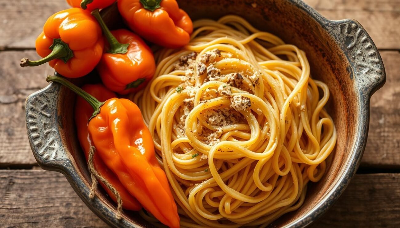 A rustic dish of freshly prepared strascinati, a traditional Lucanian pasta, nestled on a wooden surface. Vibrant orange peppers, known as the "Crusco Peppers of Senise," are carefully arranged alongside the pasta, their wrinkled skins glistening under the warm, directional lighting. The scene evokes the handcrafted, homemade nature of this regional speciality, inviting the viewer to imagine the satisfying textures and flavors of this quintessential Lucanian culinary delight.