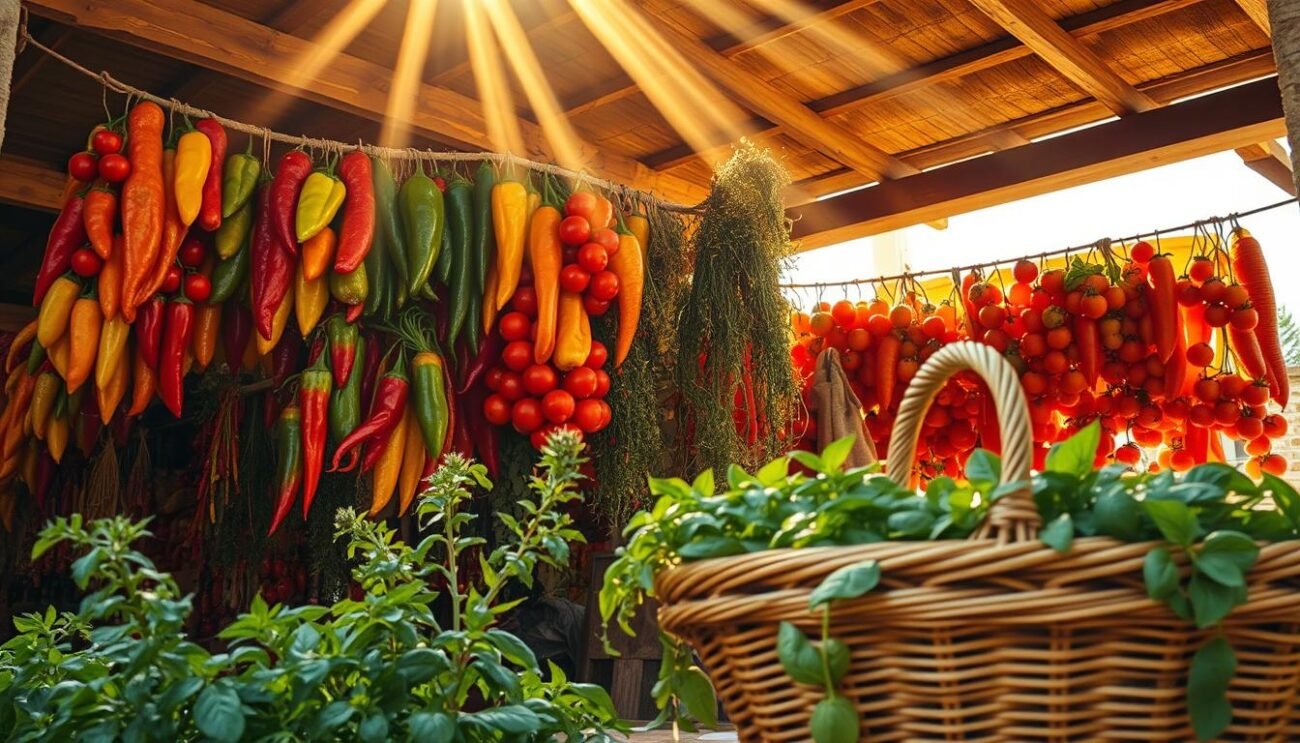 A rustic display of dried sun-kissed produce from the fields of Puglia. Gently drying in the warm Mediterranean breeze, an array of vibrant peppers, plump tomatoes, and fragrant herbs hang from weathered wooden beams. Shafts of golden light filter through the open-air structure, casting a soft, romantic glow over the bountiful harvest. In the foreground, a woven basket overflows with fragrant oregano and basil, capturing the essence of traditional Pugliese cuisine. The scene evokes the timeless traditions of the Pugliese countryside, where the rhythm of the seasons and the hands of the hardworking farmers have shaped the distinct flavors of this storied Italian region. A rustic display of dried sun-kissed produce from the fields of Puglia. Gently drying in the warm Mediterranean breeze, an array of vibrant peppers, plump tomatoes, and fragrant herbs hang from weathered wooden beams. Shafts of golden light filter through the open-air structure, casting a soft, romantic glow over the bountiful harvest. In the foreground, a woven basket overflows with fragrant oregano and basil, capturing the essence of traditional Pugliese cuisine. The scene evokes the timeless traditions of the Pugliese countryside, where the rhythm of the seasons and the hands of the hardworking farmers have shaped the distinct flavors of this storied Italian region.