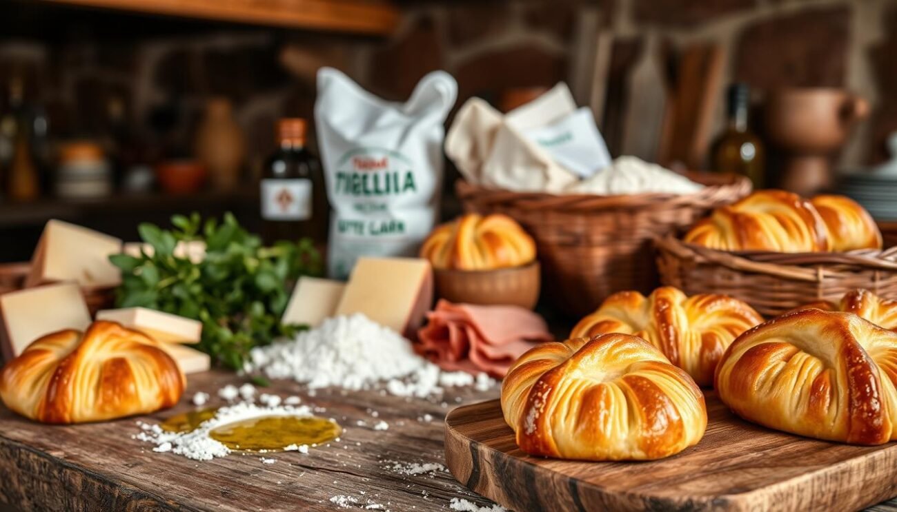 A rustic display of the essential ingredients for authentic tigelle, the traditional Emilian crescentine. In the foreground, a wooden board showcases freshly baked tigelle, their golden crusts glistening. Alongside, a selection of artisanal cheeses, locally cured lardo, and fragrant herbs evoke the flavors of the region. The middle ground features a scattering of the key raw materials - soft wheat flour, active yeast, and a splash of olive oil, capturing the simple yet essential components that come together to create these beloved Emilian specialties. The background hints at a warm, homely kitchen, with hints of terracotta and wooden beams setting the stage for this artisanal spread. Soft, natural lighting casts a gentle glow, evoking the comforting atmosphere of an Italian kitchen. A rustic display of the essential ingredients for authentic tigelle, the traditional Emilian crescentine. In the foreground, a wooden board showcases freshly baked tigelle, their golden crusts glistening. Alongside, a selection of artisanal cheeses, locally cured lardo, and fragrant herbs evoke the flavors of the region. The middle ground features a scattering of the key raw materials - soft wheat flour, active yeast, and a splash of olive oil, capturing the simple yet essential components that come together to create these beloved Emilian specialties. The background hints at a warm, homely kitchen, with hints of terracotta and wooden beams setting the stage for this artisanal spread. Soft, natural lighting casts a gentle glow, evoking the comforting atmosphere of an Italian kitchen.