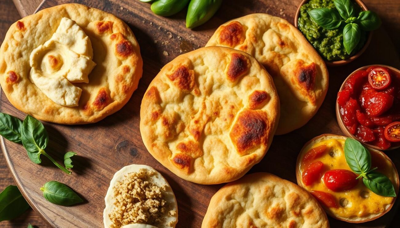 A rustic display of vegan and gluten-free Tigelle, the traditional flatbreads of Emilia-Romagna. Freshly baked golden-brown discs with a slightly charred texture, nestled atop a wooden board. Surrounding them, an array of artisanal vegan toppings: creamy cashew-based cheese, tangy sun-dried tomato spread, and fragrant basil pesto. The scene is bathed in warm, natural lighting, highlighting the delicate crumb and inviting textures. A minimalist, yet mouthwatering representation of the regional delicacy, reimagined for modern, health-conscious palates. A rustic display of vegan and gluten-free Tigelle, the traditional flatbreads of Emilia-Romagna. Freshly baked golden-brown discs with a slightly charred texture, nestled atop a wooden board. Surrounding them, an array of artisanal vegan toppings: creamy cashew-based cheese, tangy sun-dried tomato spread, and fragrant basil pesto. The scene is bathed in warm, natural lighting, highlighting the delicate crumb and inviting textures. A minimalist, yet mouthwatering representation of the regional delicacy, reimagined for modern, health-conscious palates.