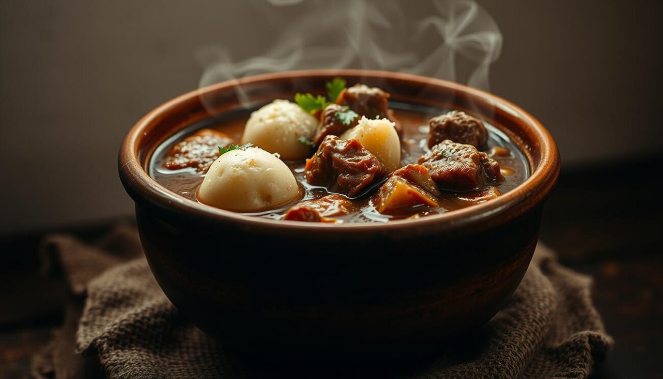 A rustic earthenware bowl filled with a hearty, steaming stew. The deep brown broth is infused with the rich flavors of simmered beef and aromatic vegetables, casting a warm, inviting glow. Chunks of tender meat and soft, pillowy dumplings float atop the surface, glistening with flecks of parsley and a hint of grated Parmesan. The scene is set against a simple, timeless backdrop, evoking the humble, homespun charm of a traditional Calabrian kitchen. Soft, natural lighting casts a cozy, nostalgic atmosphere, transporting the viewer to the heart of the Catanzaro region and the origins of this beloved, time-honored dish. A rustic earthenware bowl filled with a hearty, steaming stew. The deep brown broth is infused with the rich flavors of simmered beef and aromatic vegetables, casting a warm, inviting glow. Chunks of tender meat and soft, pillowy dumplings float atop the surface, glistening with flecks of parsley and a hint of grated Parmesan. The scene is set against a simple, timeless backdrop, evoking the humble, homespun charm of a traditional Calabrian kitchen. Soft, natural lighting casts a cozy, nostalgic atmosphere, transporting the viewer to the heart of the Catanzaro region and the origins of this beloved, time-honored dish.