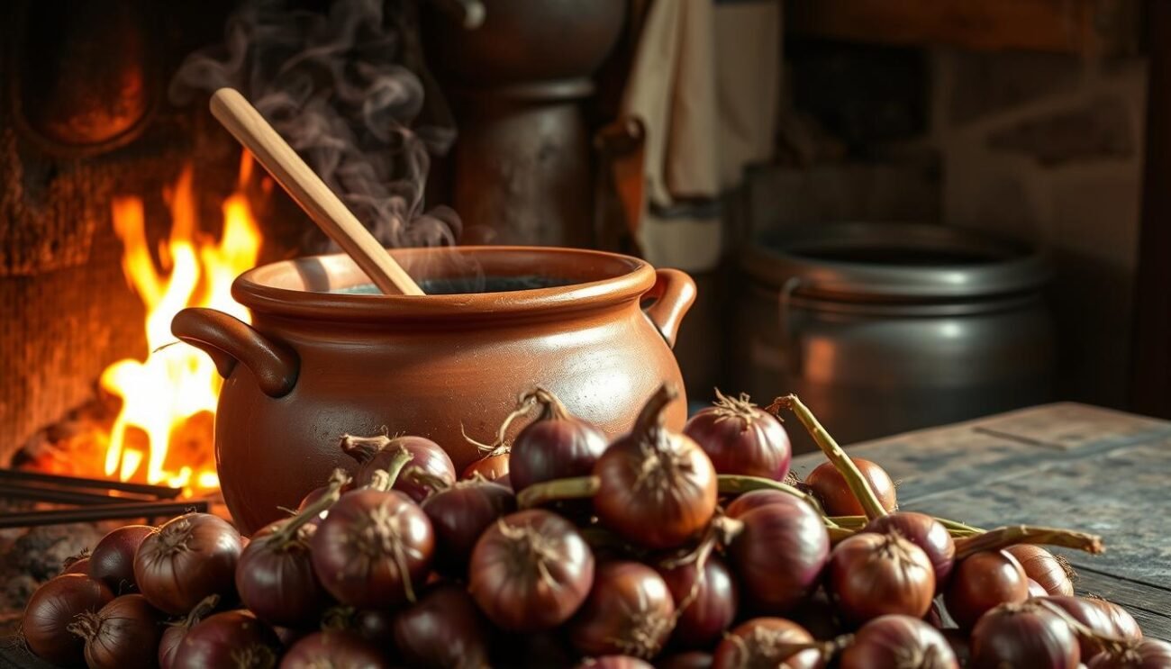 A rustic earthenware pot simmers on a crackling hearth, billowing fragrant steam that mingles with the warm, golden glow of the fire. In the foreground, a bountiful array of freshly harvested Tropea onions, their deep burgundy hues glistening. A simple wooden spoon protrudes from the pot, hinting at the time-honored recipe. The scene is set against a backdrop of a humble Calabrian kitchen, with weathered stone walls and a worn wooden table, capturing the essence of tradition and the pride of regional cuisine. A sense of timeless, homespun comfort permeates the image, inviting the viewer to savor the history and origins of the celebrated "Licurdia Calabrese." A rustic earthenware pot simmers on a crackling hearth, billowing fragrant steam that mingles with the warm, golden glow of the fire. In the foreground, a bountiful array of freshly harvested Tropea onions, their deep burgundy hues glistening. A simple wooden spoon protrudes from the pot, hinting at the time-honored recipe. The scene is set against a backdrop of a humble Calabrian kitchen, with weathered stone walls and a worn wooden table, capturing the essence of tradition and the pride of regional cuisine. A sense of timeless, homespun comfort permeates the image, inviting the viewer to savor the history and origins of the celebrated "Licurdia Calabrese."
