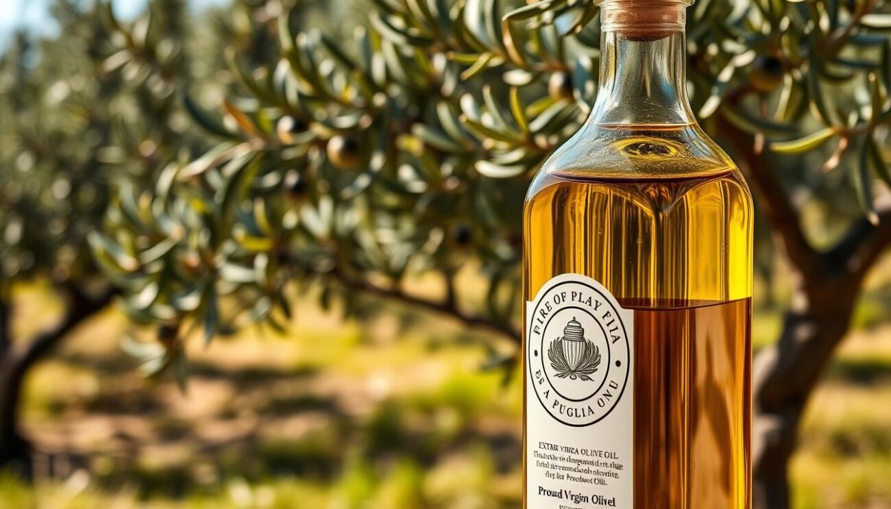A rustic glass bottle filled with rich, golden-green extra virgin olive oil, its label bearing the proud seal of Puglia. The oil glistens under warm, natural lighting, casting subtle shadows across the bottle's surface. In the background, a lush olive grove stretches out, its silvery-green leaves swaying gently in the breeze. The scene evokes a sense of tradition, quality, and the deep-rooted agricultural heritage of the region. The image captures the essence of Puglia's prized olive oil, a testament to the land's fertile soil and the skilled hands of its producers.