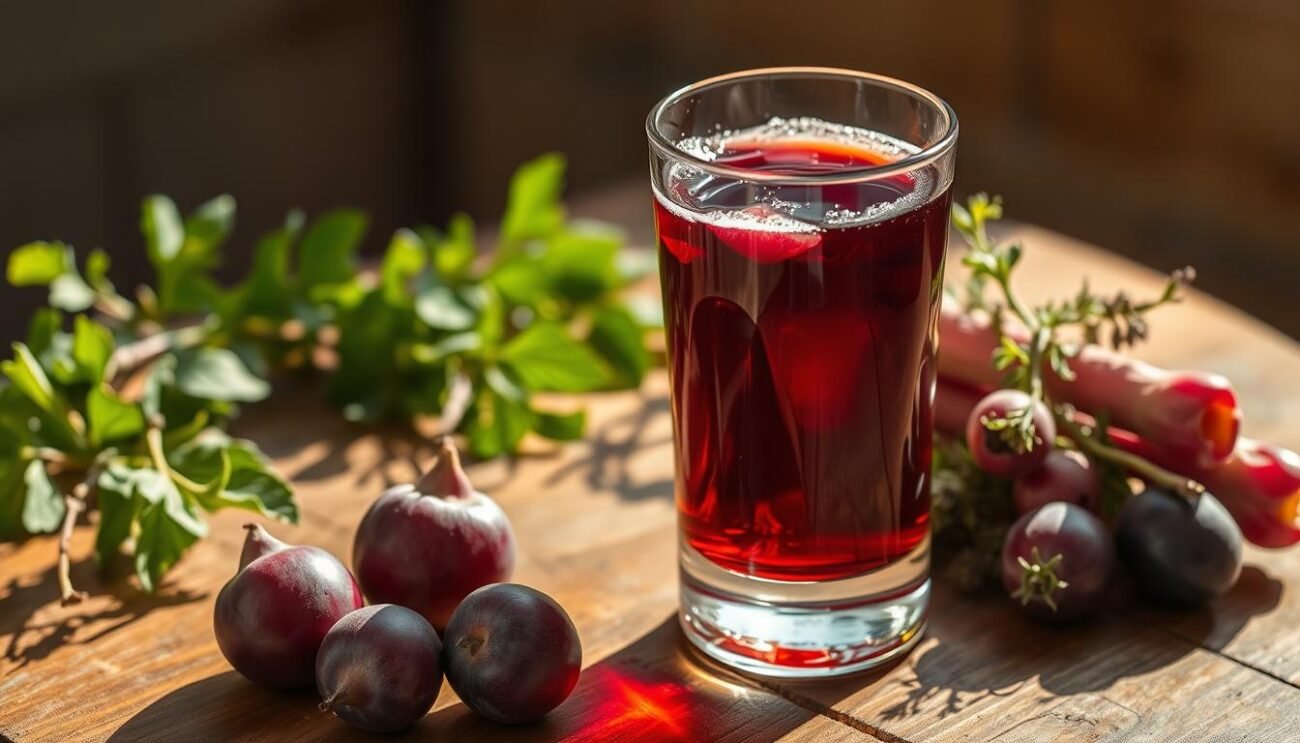 A rustic glass of bargnolino, a unique wild plum and rhubarb liqueur from the Piacenza region of Italy. The glass sits on a rough wooden table, casting soft shadows in the warm, golden light. The liquid has a deep, rich color and a slightly cloudy, artisanal appearance. Fresh wild plums, rhubarb stalks, and fragrant herbs surround the glass, hinting at the botanical ingredients. The scene evokes the simplicity and authenticity of traditional Italian craftsmanship, a perfect visual representation of the "Bargnolino Piacentino Selvatico" described in the article. A rustic glass of bargnolino, a unique wild plum and rhubarb liqueur from the Piacenza region of Italy. The glass sits on a rough wooden table, casting soft shadows in the warm, golden light. The liquid has a deep, rich color and a slightly cloudy, artisanal appearance. Fresh wild plums, rhubarb stalks, and fragrant herbs surround the glass, hinting at the botanical ingredients. The scene evokes the simplicity and authenticity of traditional Italian craftsmanship, a perfect visual representation of the "Bargnolino Piacentino Selvatico" described in the article.