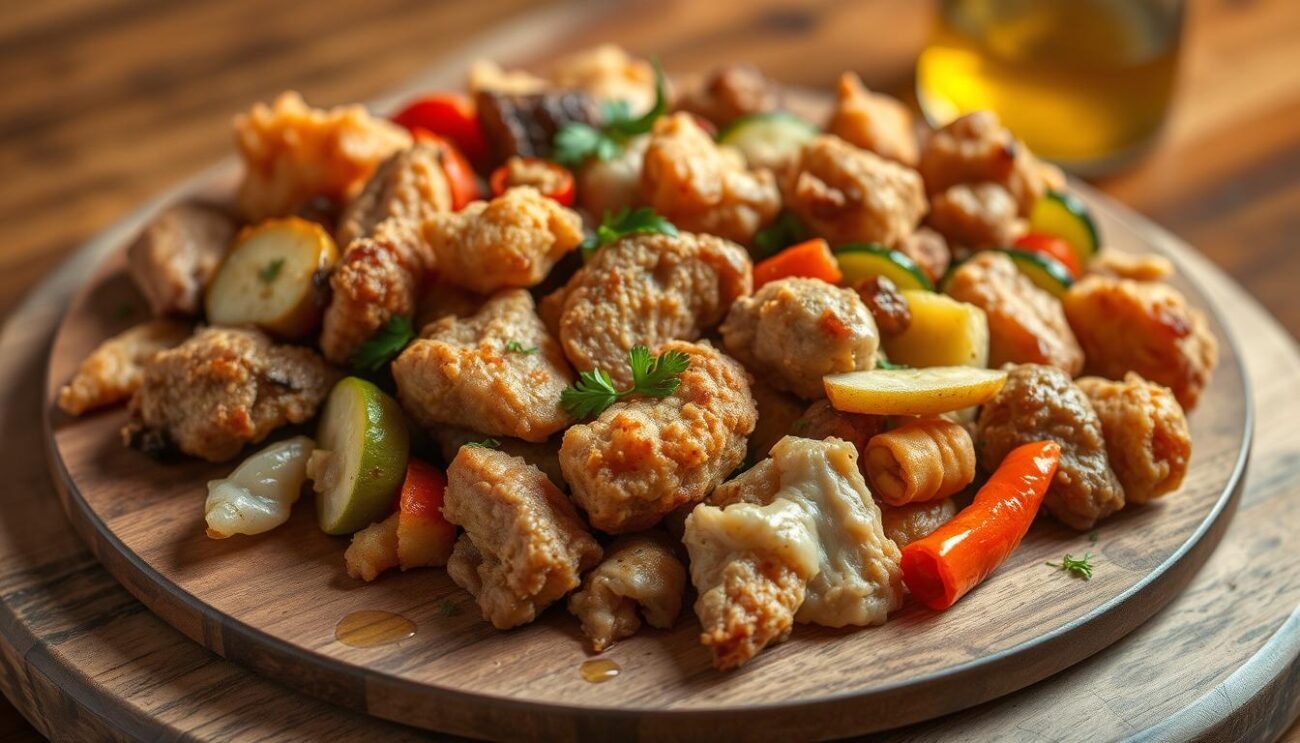 A rustic, golden-brown fritto misto piemontese, a classic Italian fried mixed platter, graces the center of the frame. Tender pieces of veal, chicken, and pork, along with vibrant vegetables like zucchini, bell peppers, and onions, are crisply fried to perfection, their sizzling textures and earthy aromas emanating from the plate. The dish is presented on a wooden board, complemented by a sprinkle of fresh parsley and a drizzle of olive oil, evoking the rich culinary traditions of the Piedmont region. Warm, natural lighting casts a cozy glow, capturing the dish's homemade, artisanal quality. This image perfectly encapsulates the history and origins of this symbolic Piedmontese delicacy.