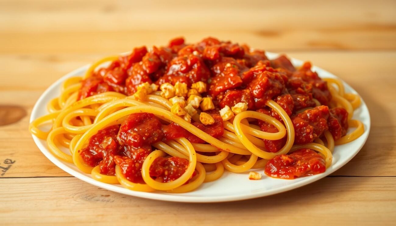 A rustic, handmade plate of strascinati pasta, the traditional Lucanian dish. In the foreground, the thick, hand-rolled noodles are coated in a vibrant, crimson sauce, the essence of the renowned Senise peppers. The middle ground features a scattering of the crumbled, crunchy peppers, their golden hues a striking contrast. In the background, a simple, unadorned wooden table sets the stage, highlighting the authentic, homemade nature of this regional specialty. Warm, soft lighting casts a golden glow, evoking the comforting, hearty character of this beloved pasta. The overall scene captures the essence of traditional Lucanian cuisine, celebrating the rich, flavorful "red gold" of Senise.